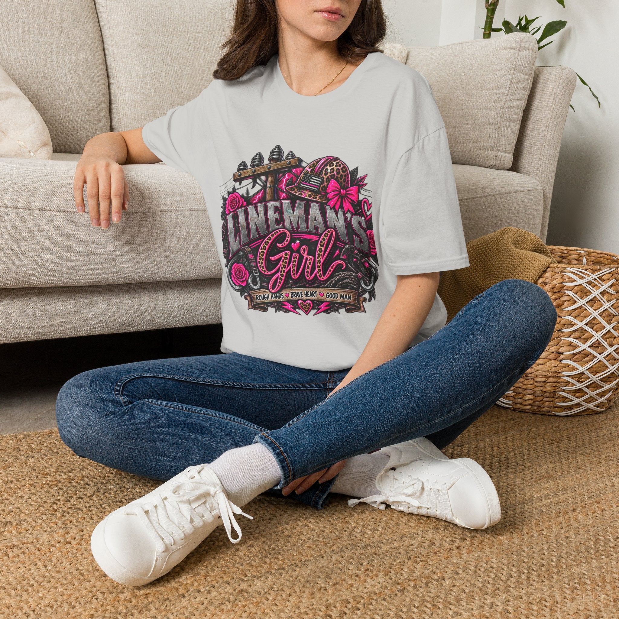 Lineman's Girl T-Shirt — Pink Floral Lineman Crew Tee