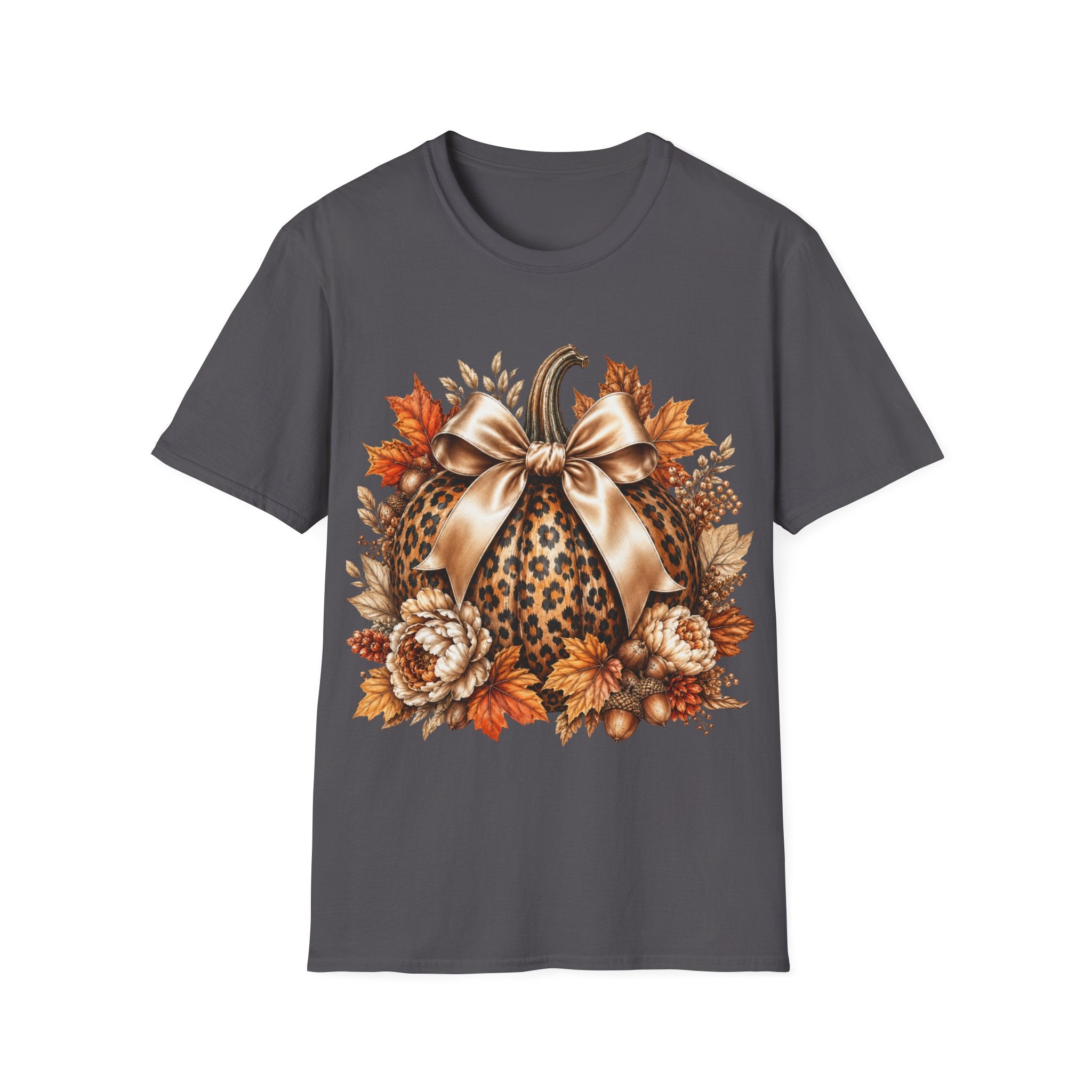 Leopard Pumpkin Fall T-Shirt — Autumn Bow & Leaves Graphic Tee