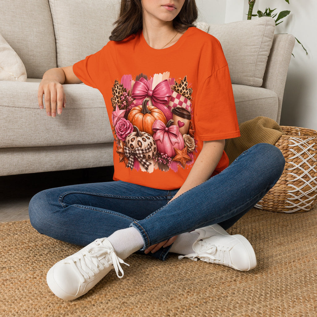 Pumpkin Bow Graphic T‑Shirt — Pink Fall Pumpkin & Leopard Coffee Tee