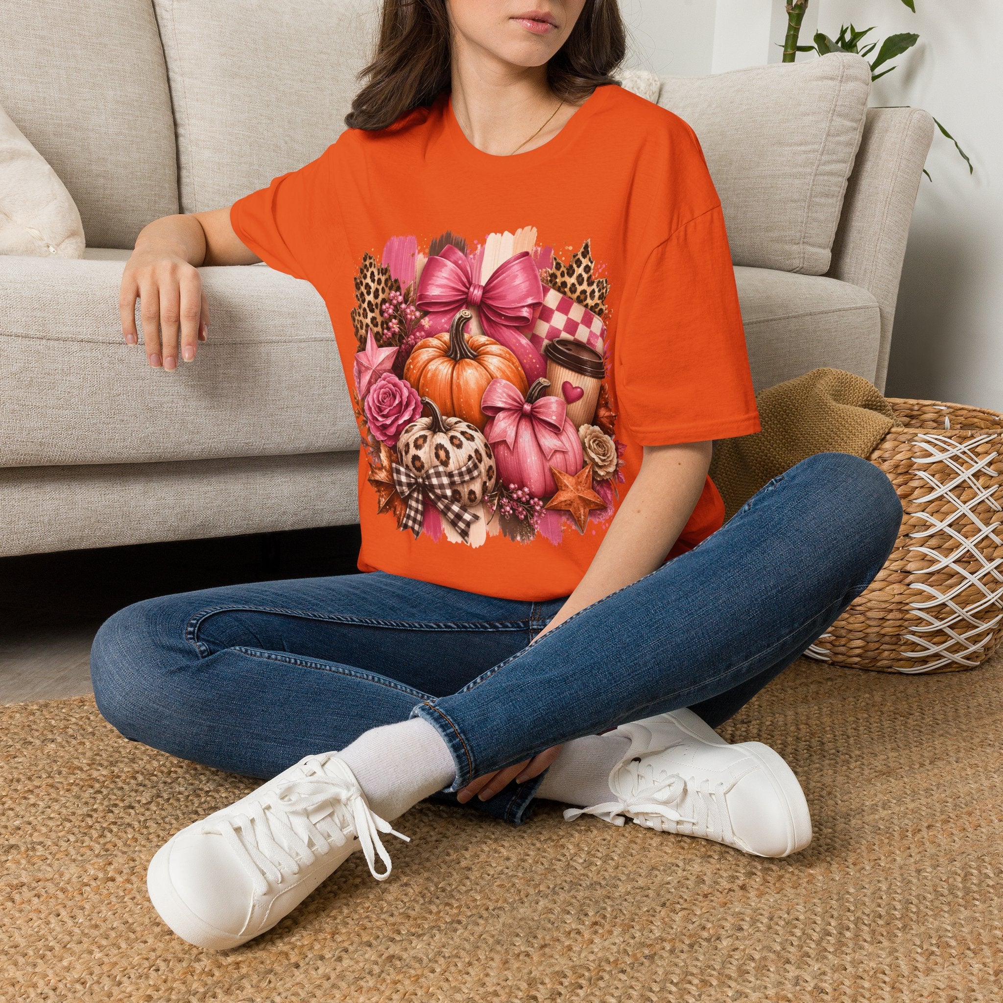 Pumpkin Bow Graphic T‑Shirt — Pink Fall Pumpkin & Leopard Coffee Tee