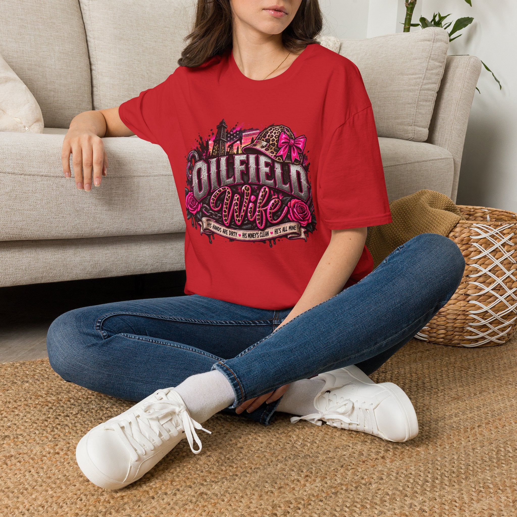 Oilfield Wife T-Shirt — Pink Leopard Bow Oilfield Graphic Tee