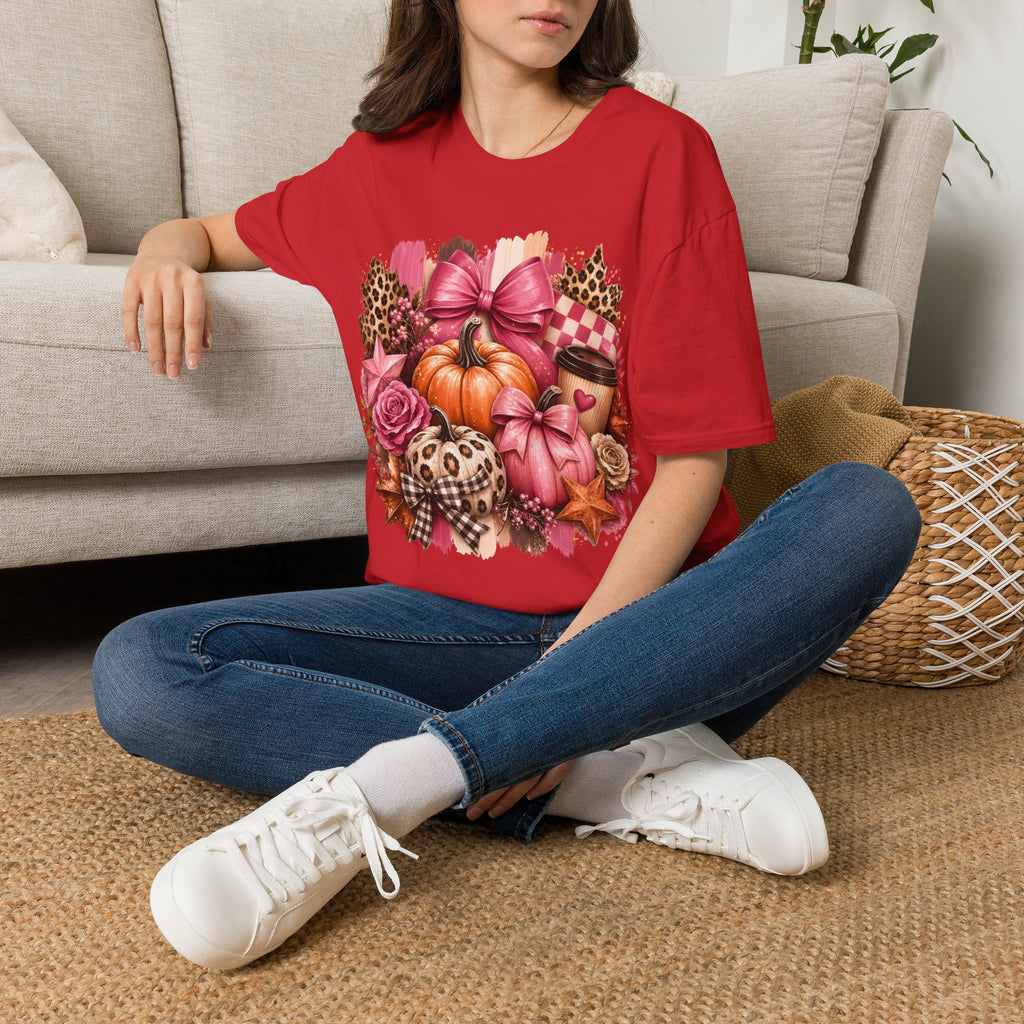 Pumpkin Bow Graphic T‑Shirt — Pink Fall Pumpkin & Leopard Coffee Tee