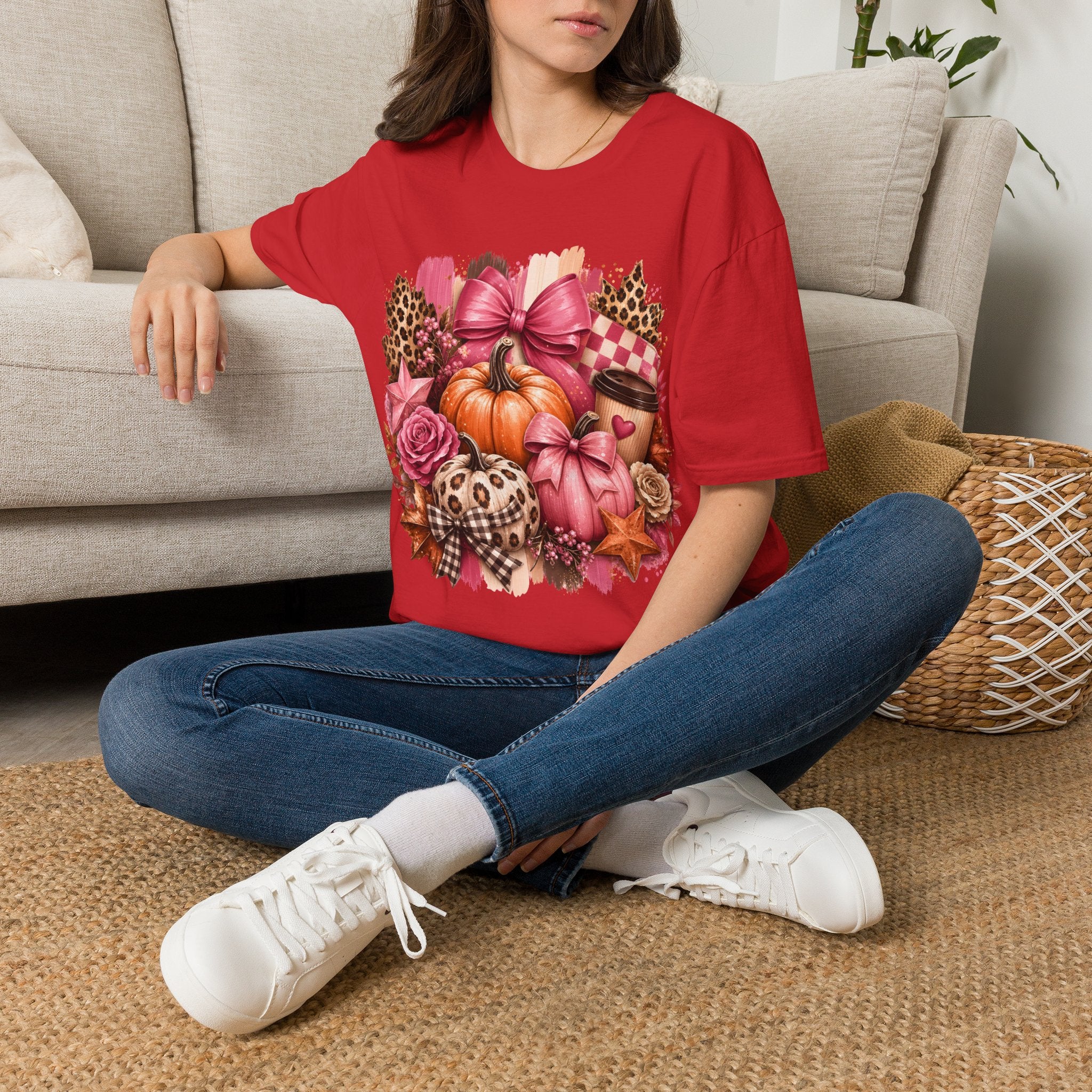 Pumpkin Bow Graphic T‑Shirt — Pink Fall Pumpkin & Leopard Coffee Tee