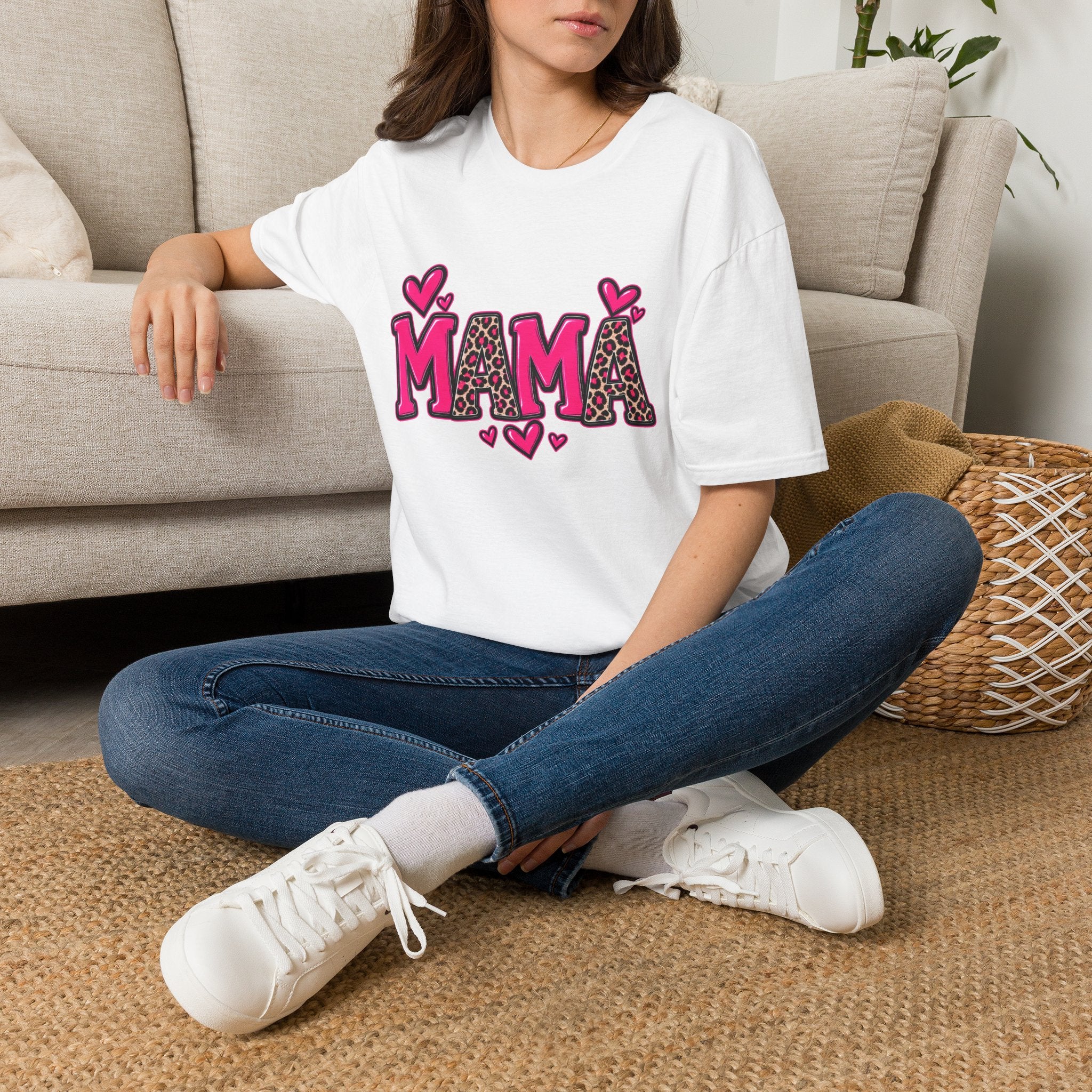 Mama Leopard Heart T‑Shirt — Cute Pink Mama Graphic Tee for Mothers’ Day