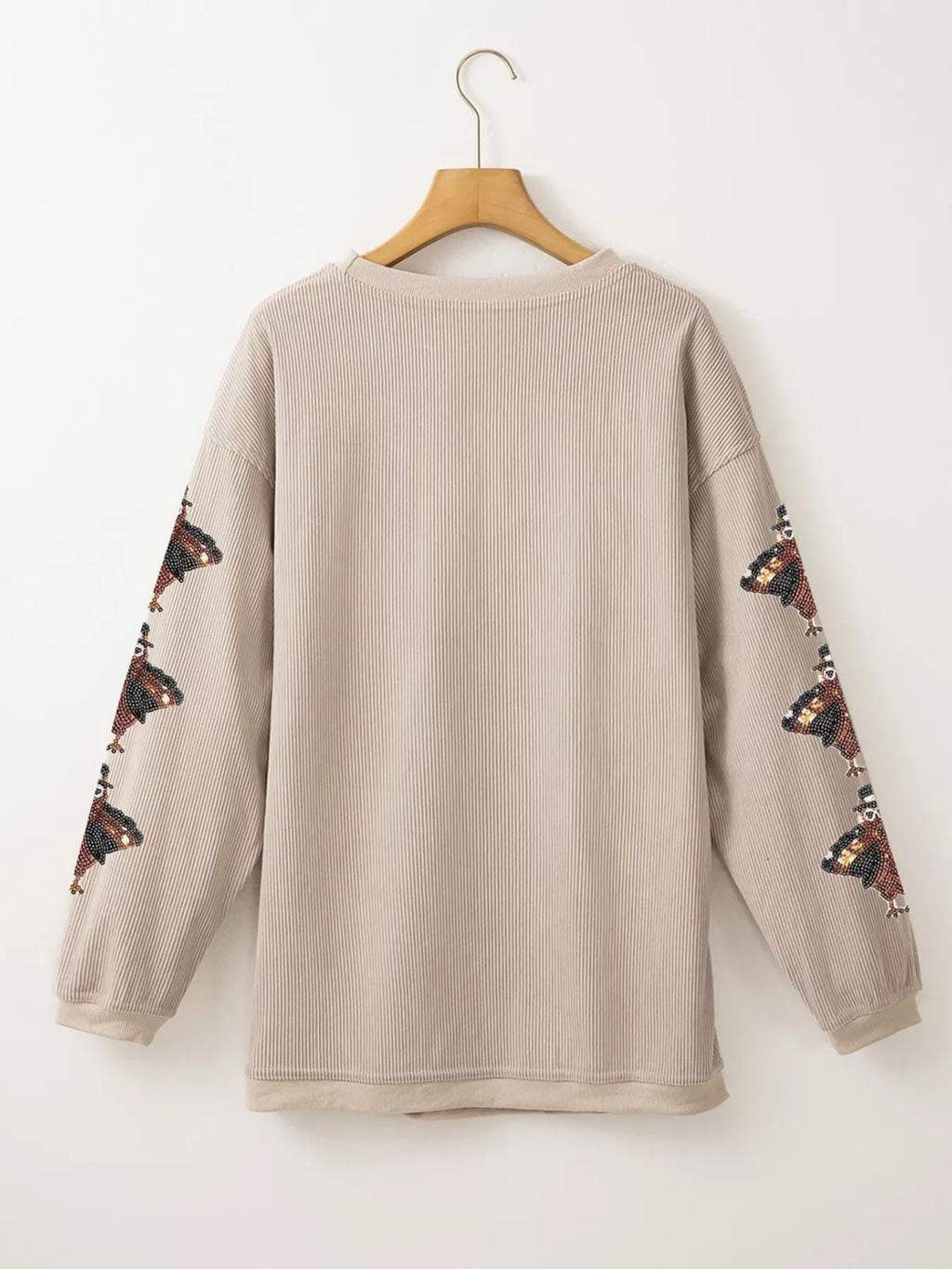 Gobble Corded Ribbed Thanksgiving Turkey Sequin Patched Sleeve Sweatshirt