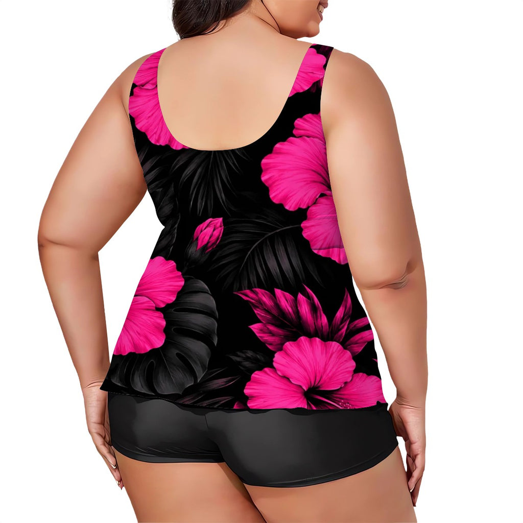 Plus Size Two Piece Swimsuit for Women Hot pink hibiscus on black