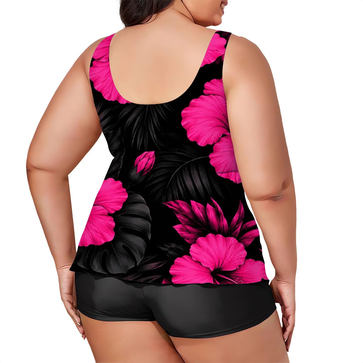 Plus Size Two Piece Swimsuit for Women Hot pink hibiscus on black