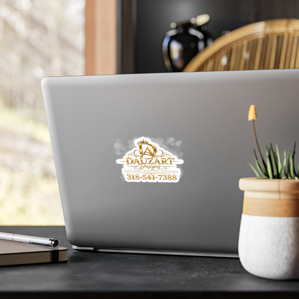 Logo Vinyl Decal — Gold "Dauzart Designs" Kiss-Cut Sticker with Phone Number