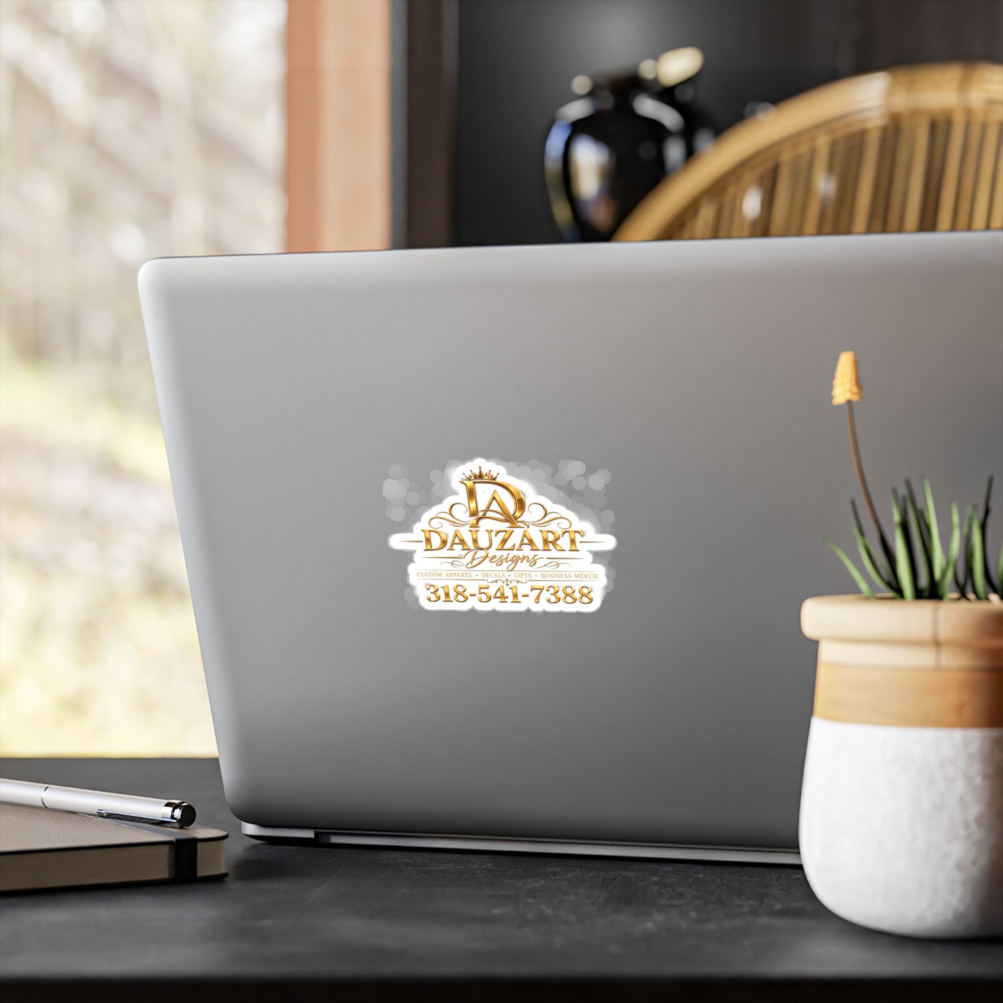 Logo Vinyl Decal — Gold "Dauzart Designs" Kiss-Cut Sticker with Phone Number