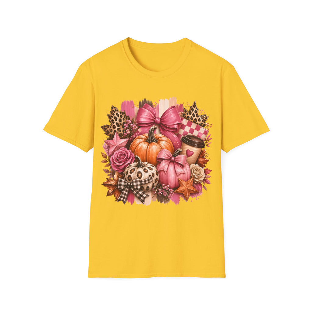 Pumpkin Bow Graphic T‑Shirt — Pink Fall Pumpkin & Leopard Coffee Tee