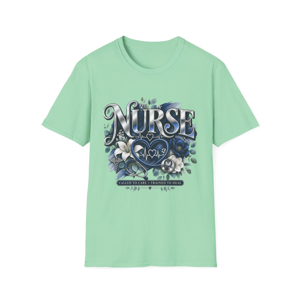 Nurse Floral Heart T‑Shirt — Blue Script Medical Pride Tee