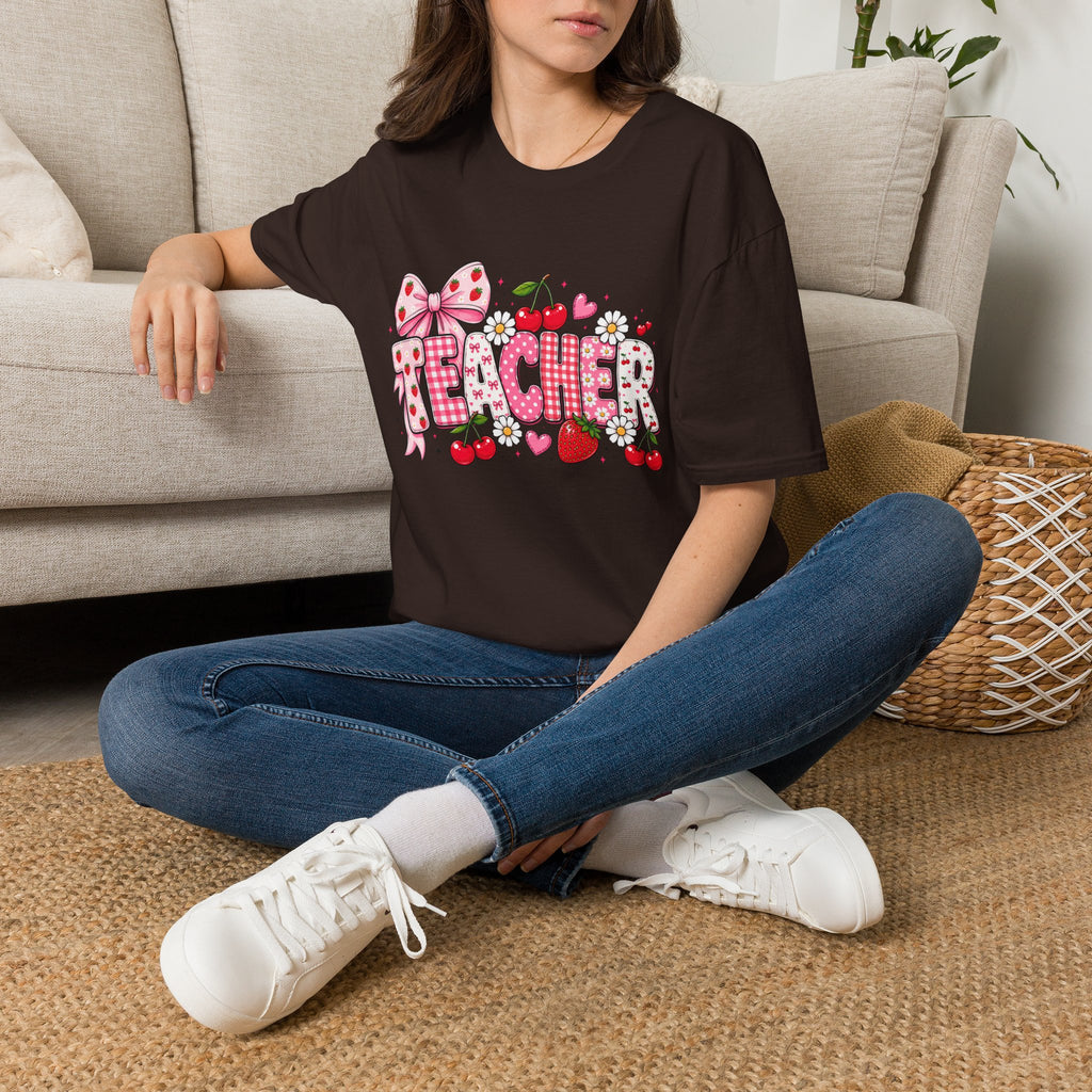 Teacher Graphic Tee — Cute Strawberry & Cherry Floral Design