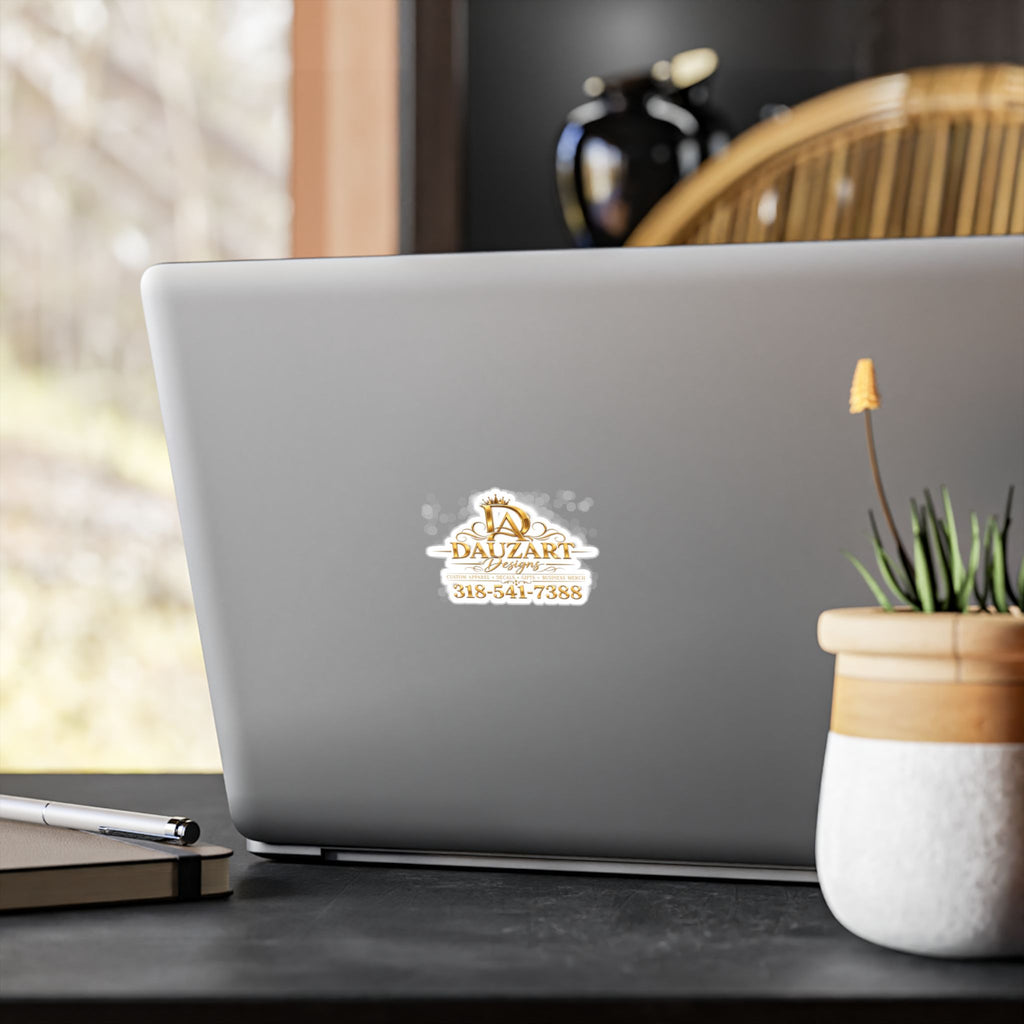 Logo Vinyl Decal — Gold "Dauzart Designs" Kiss-Cut Sticker with Phone Number