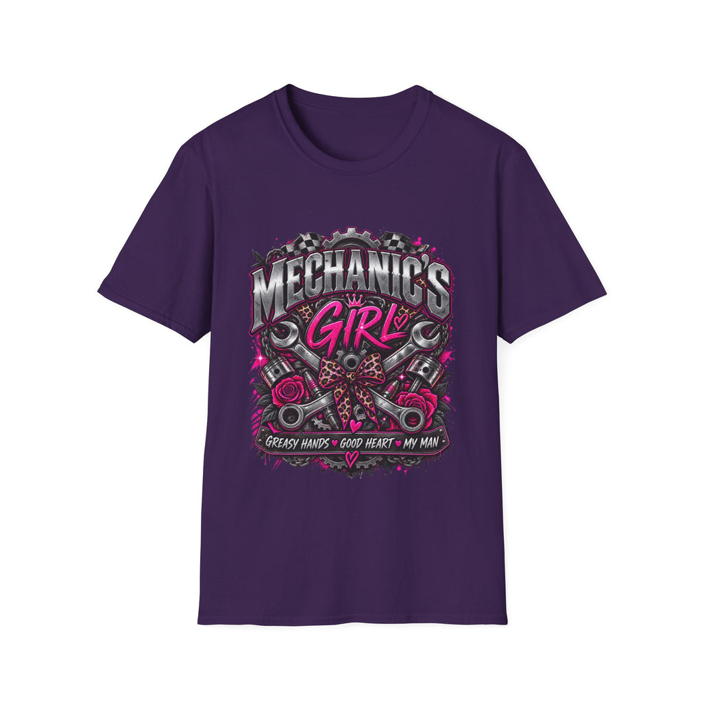 Mechanic's Girl T‑Shirt — Women's Automotive Crew Tee (Pink Gears & Wrenches)