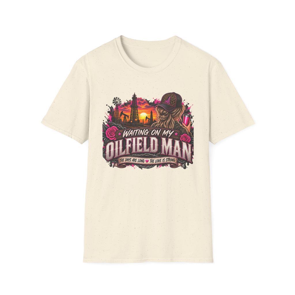 Waiting On My Oilfield Man T-Shirt — Vintage Sunset Oilfield Lady Tee