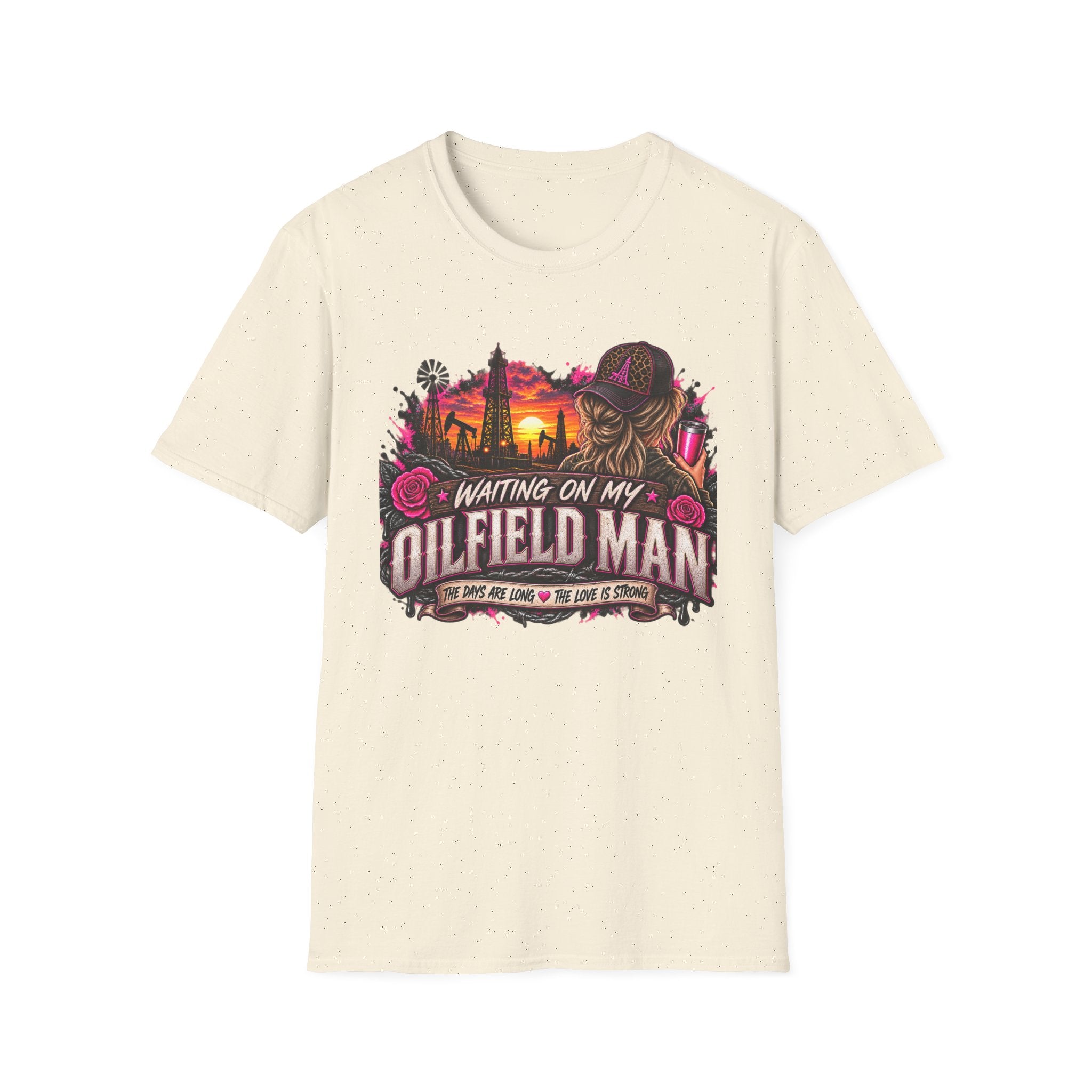 Waiting On My Oilfield Man T-Shirt — Vintage Sunset Oilfield Lady Tee