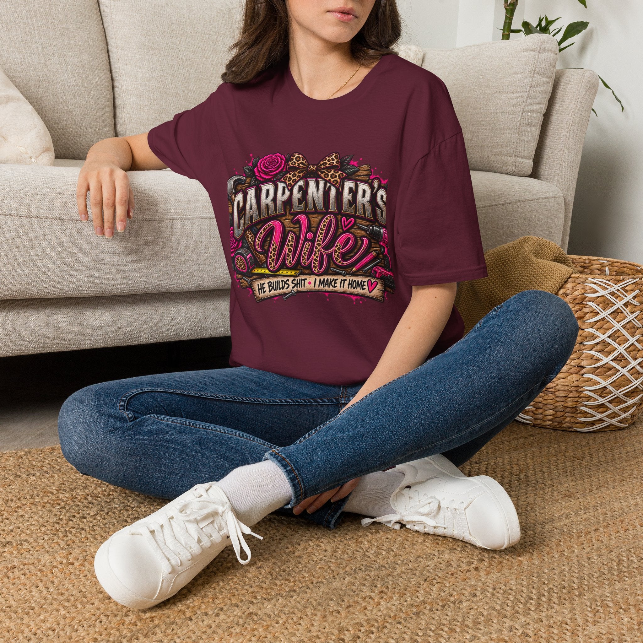 Carpenter's Wife T-Shirt — Floral Leopard Heart Design