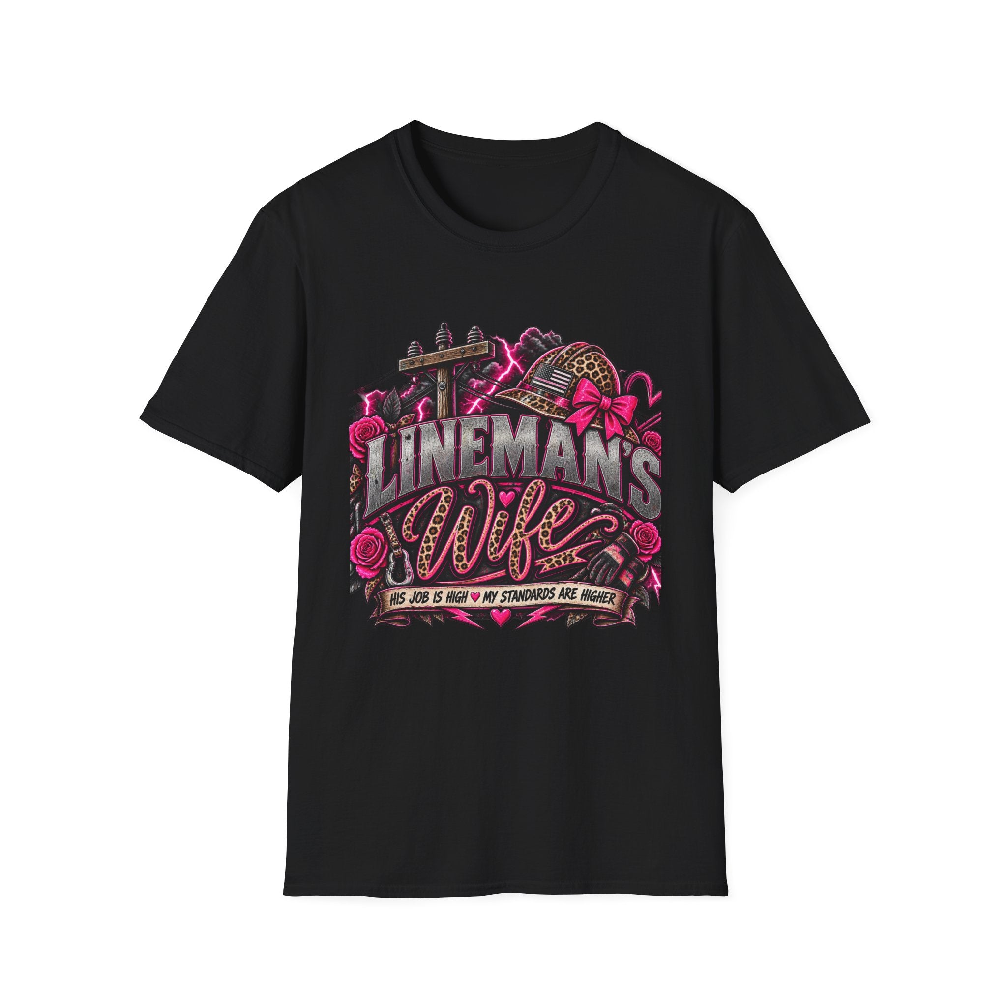 Lineman's Wife T‑Shirt — Pink Floral Lineman Crew Design