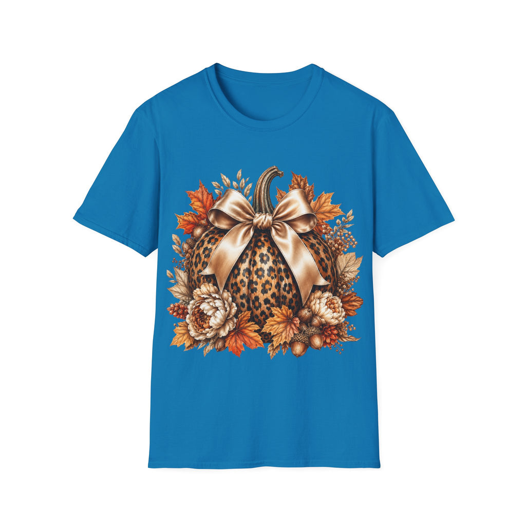 Leopard Pumpkin Fall T-Shirt — Autumn Bow & Leaves Graphic Tee