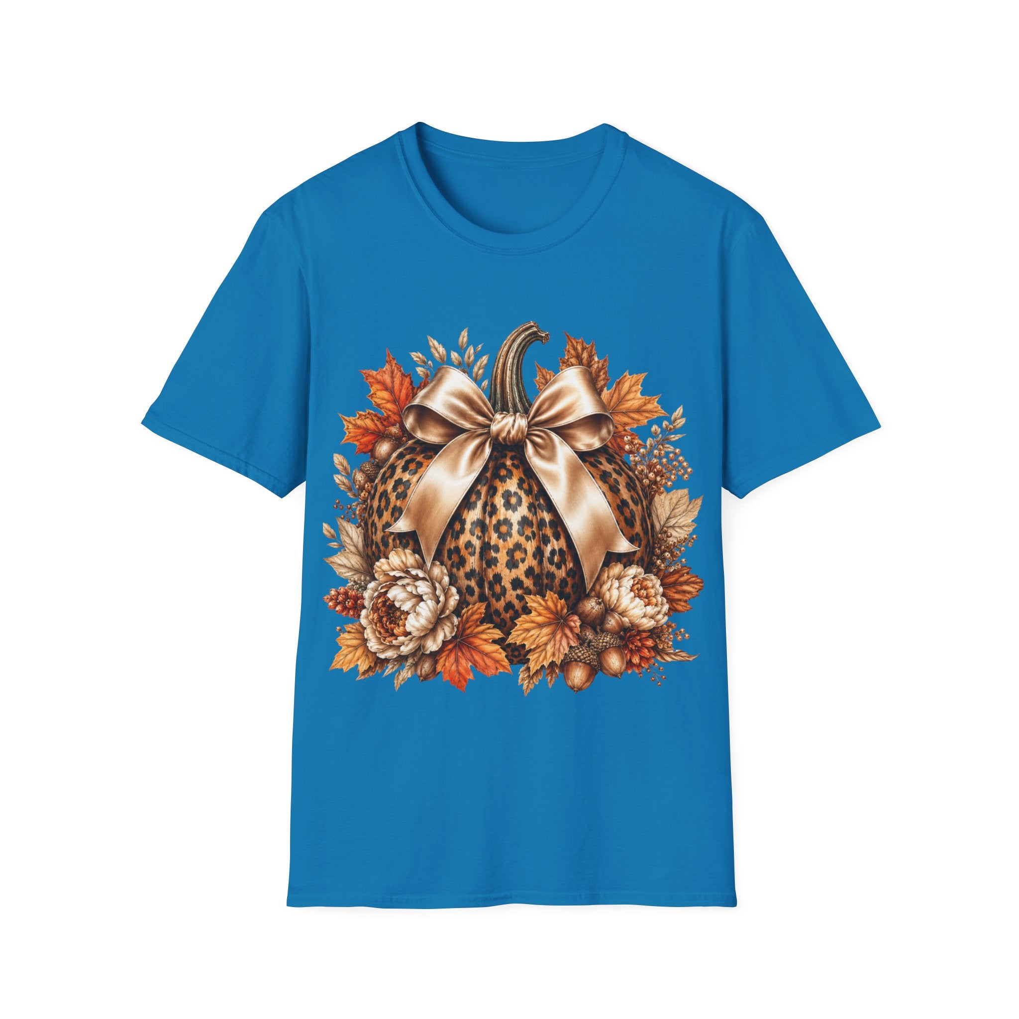 Leopard Pumpkin Fall T-Shirt — Autumn Bow & Leaves Graphic Tee