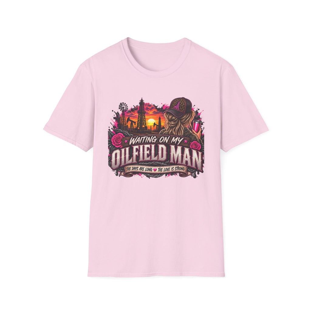 Waiting On My Oilfield Man T-Shirt — Vintage Sunset Oilfield Lady Tee