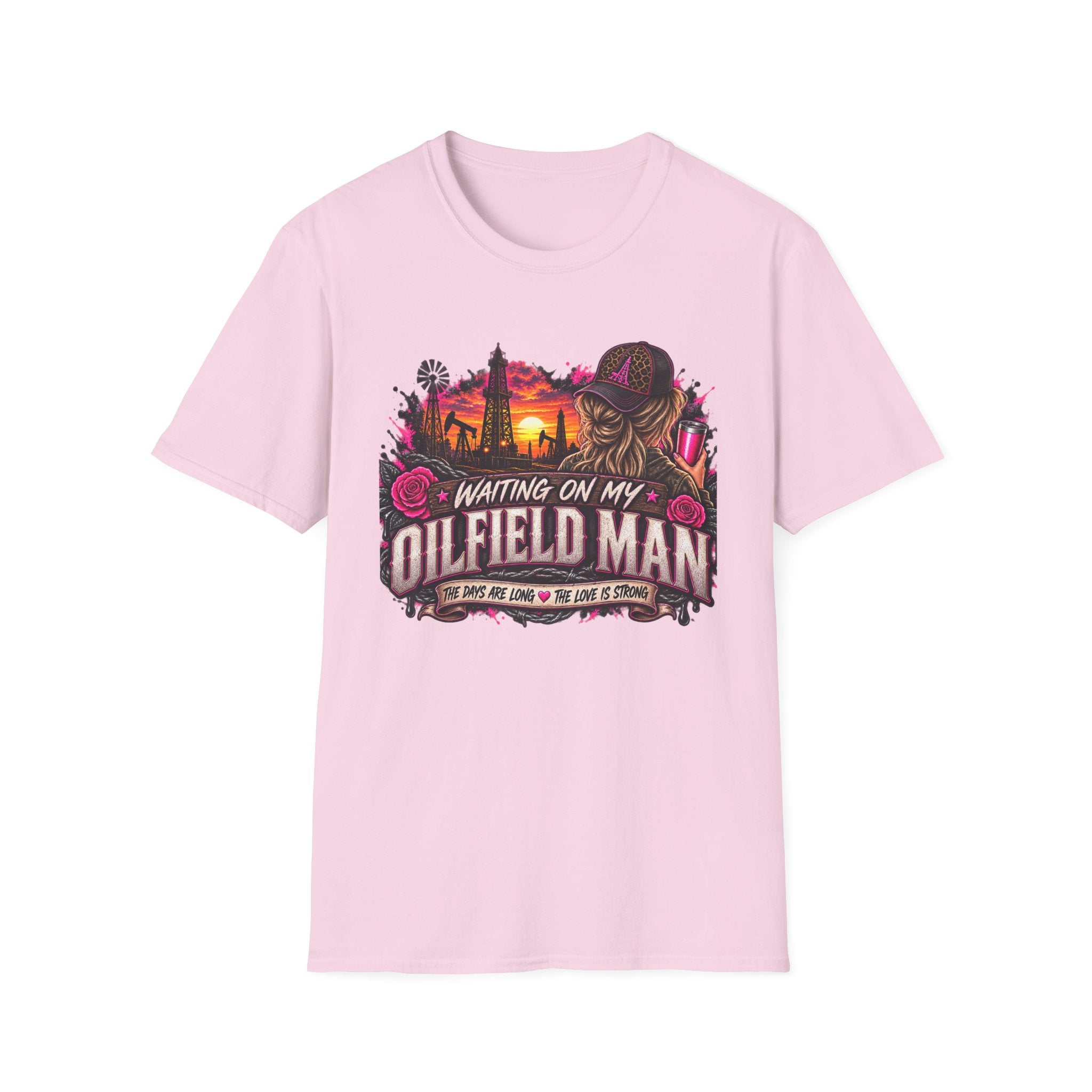 Waiting On My Oilfield Man T-Shirt — Vintage Sunset Oilfield Lady Tee