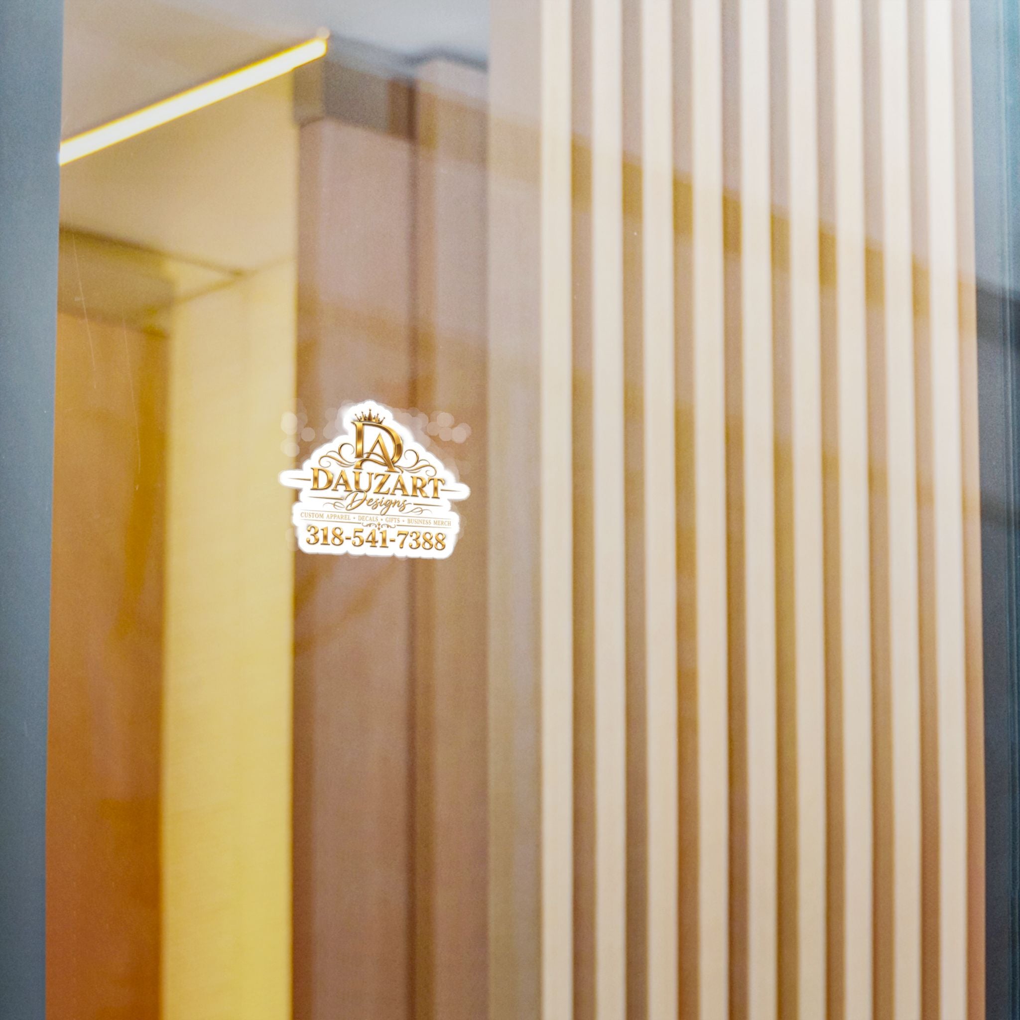 Logo Vinyl Decal — Gold "Dauzart Designs" Kiss-Cut Sticker with Phone Number