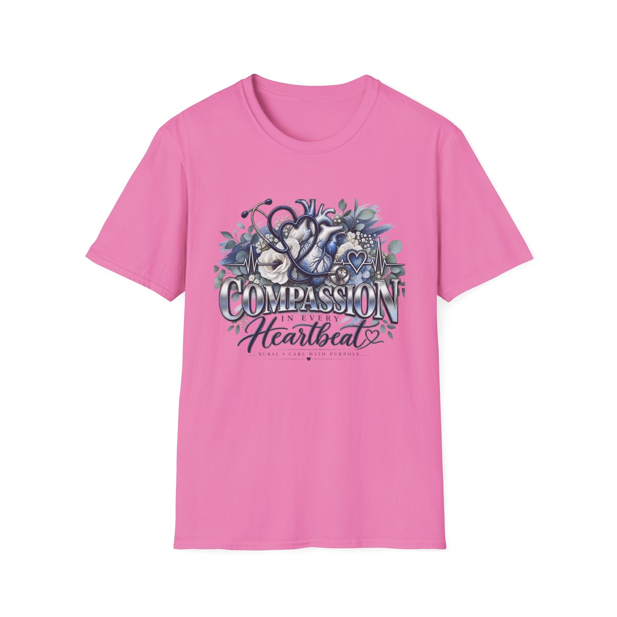 Compassion Heartbeat T-Shirt — Stethoscope & Floral Nurse Medical Tee