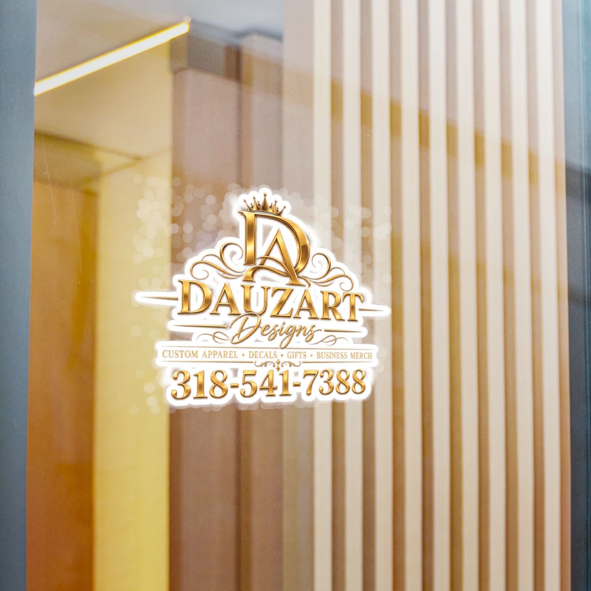 Logo Vinyl Decal — Gold "Dauzart Designs" Kiss-Cut Sticker with Phone Number