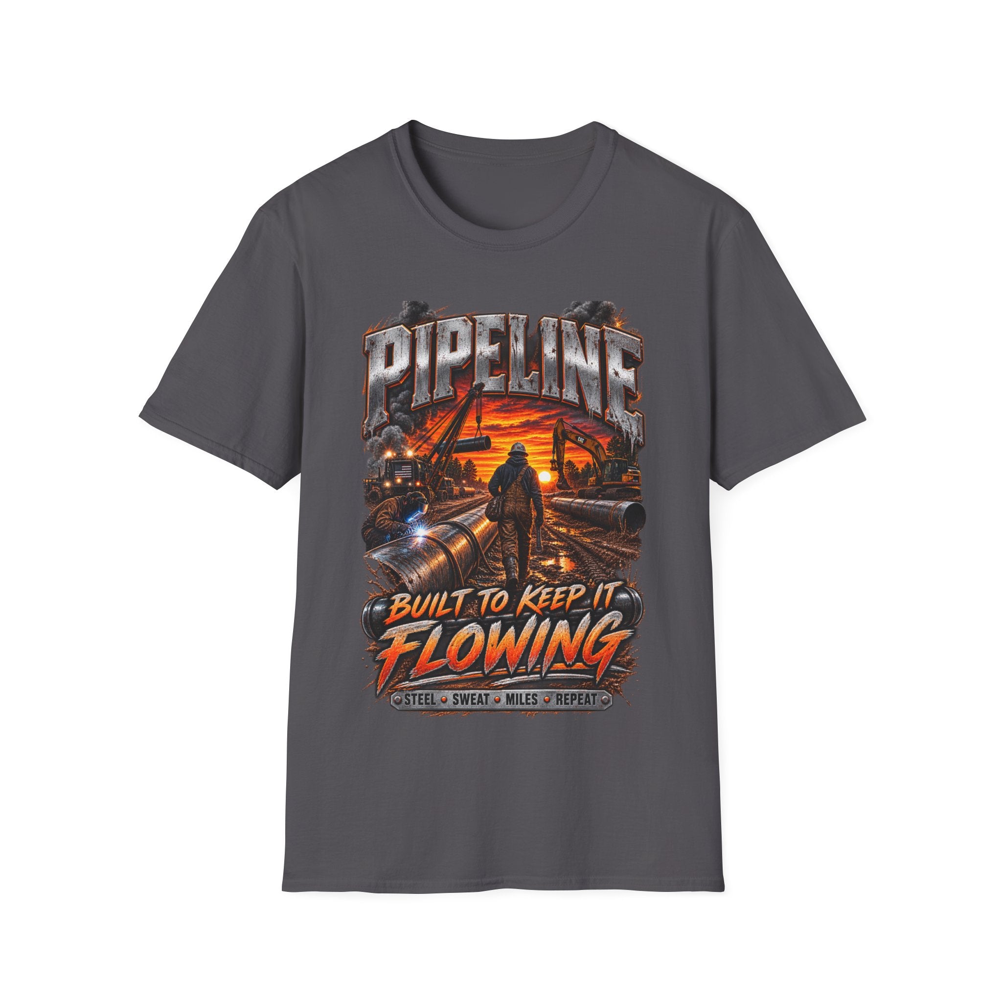 Pipeline Workers Sunset T-Shirt — "Built to Keep It Flowing" Oil & Gas Tee