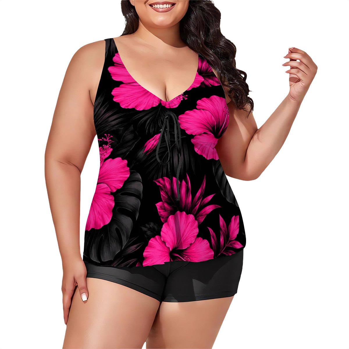 Plus Size Two Piece Swimsuit for Women Hot pink hibiscus on black
