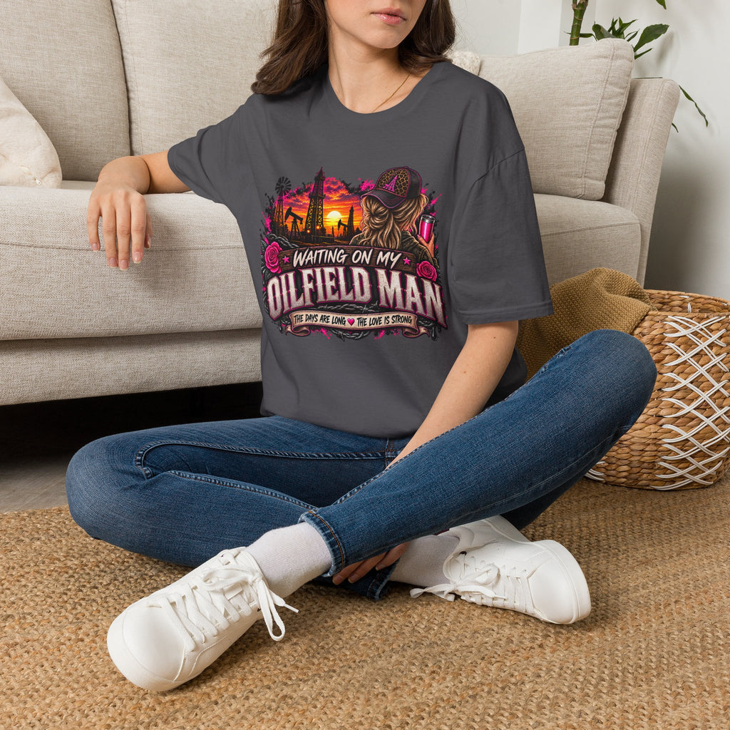 Waiting On My Oilfield Man T-Shirt — Vintage Sunset Oilfield Lady Tee