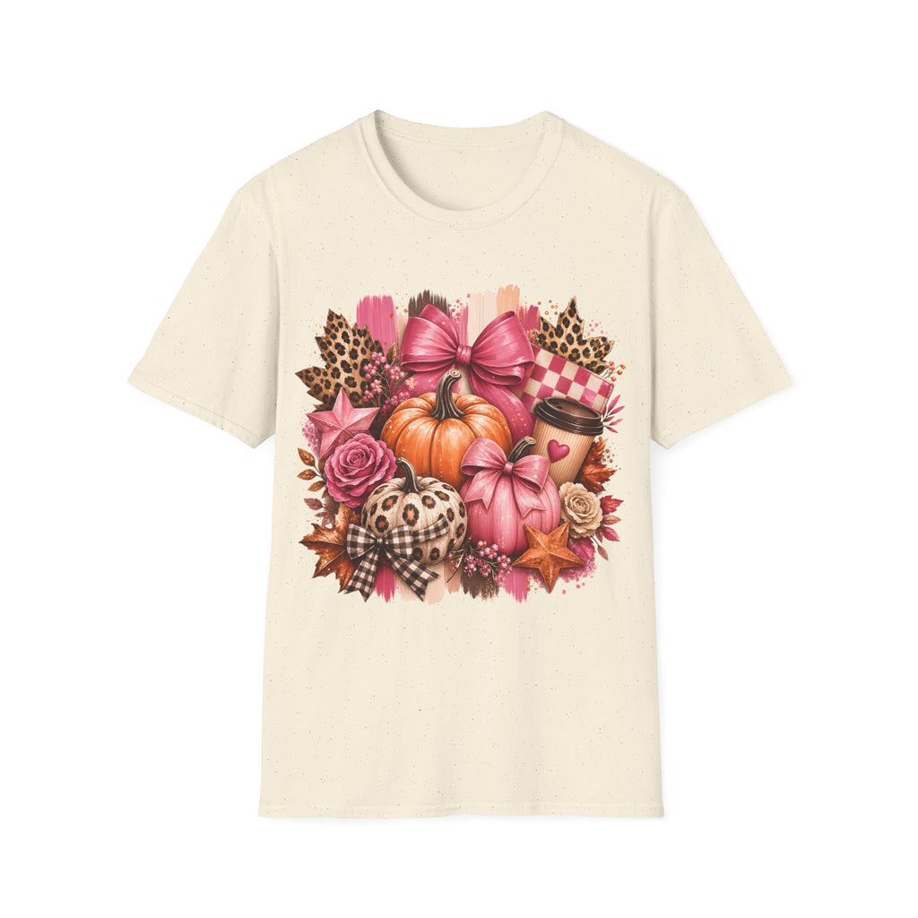 Pumpkin Bow Graphic T‑Shirt — Pink Fall Pumpkin & Leopard Coffee Tee