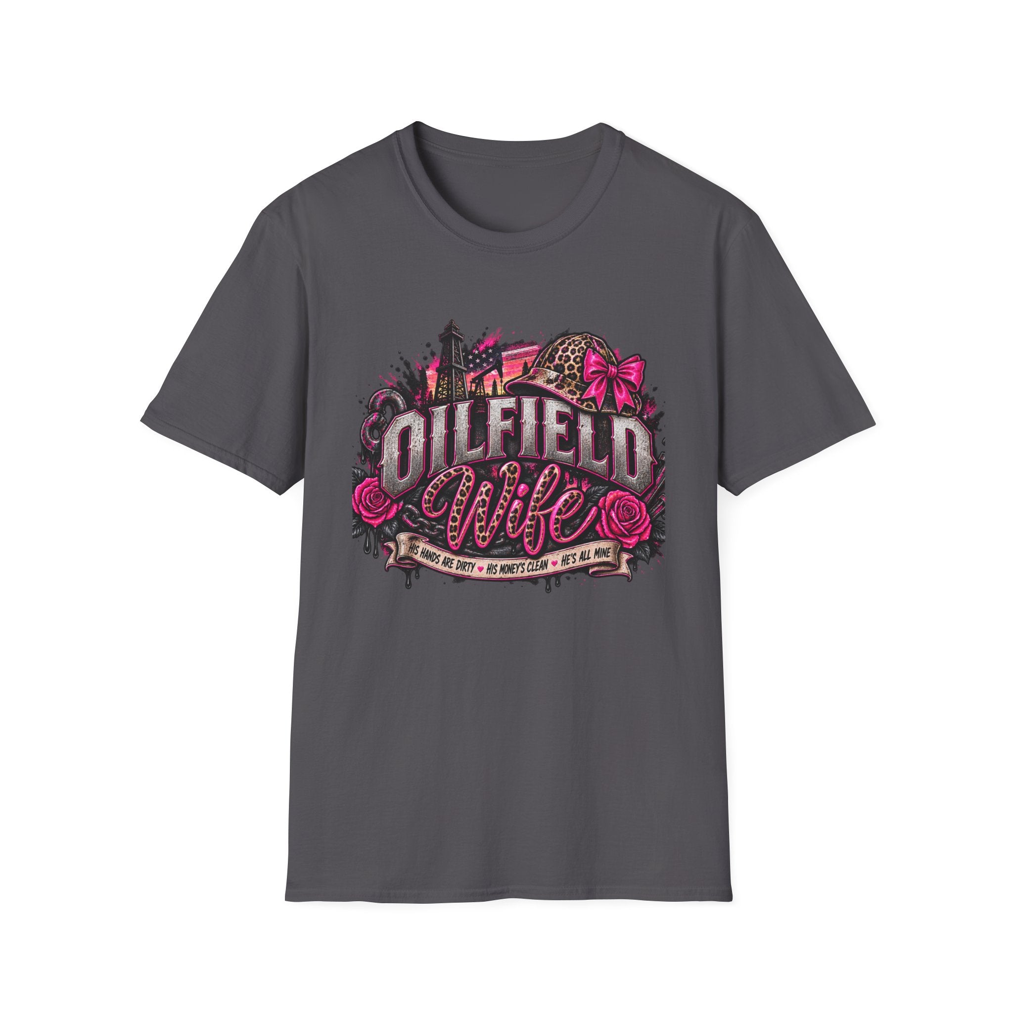 Oilfield Wife T-Shirt — Pink Leopard Bow Oilfield Graphic Tee