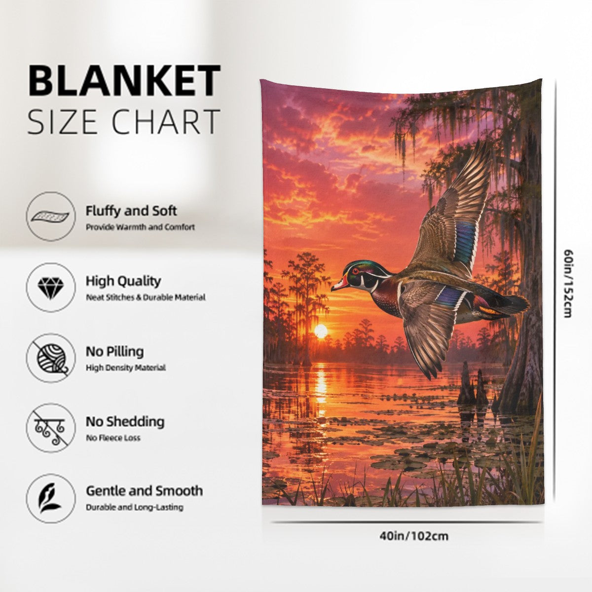 Large 320 GSM  280 GSM Flannel Throw Blanket 60"x40" wood duck over bayou