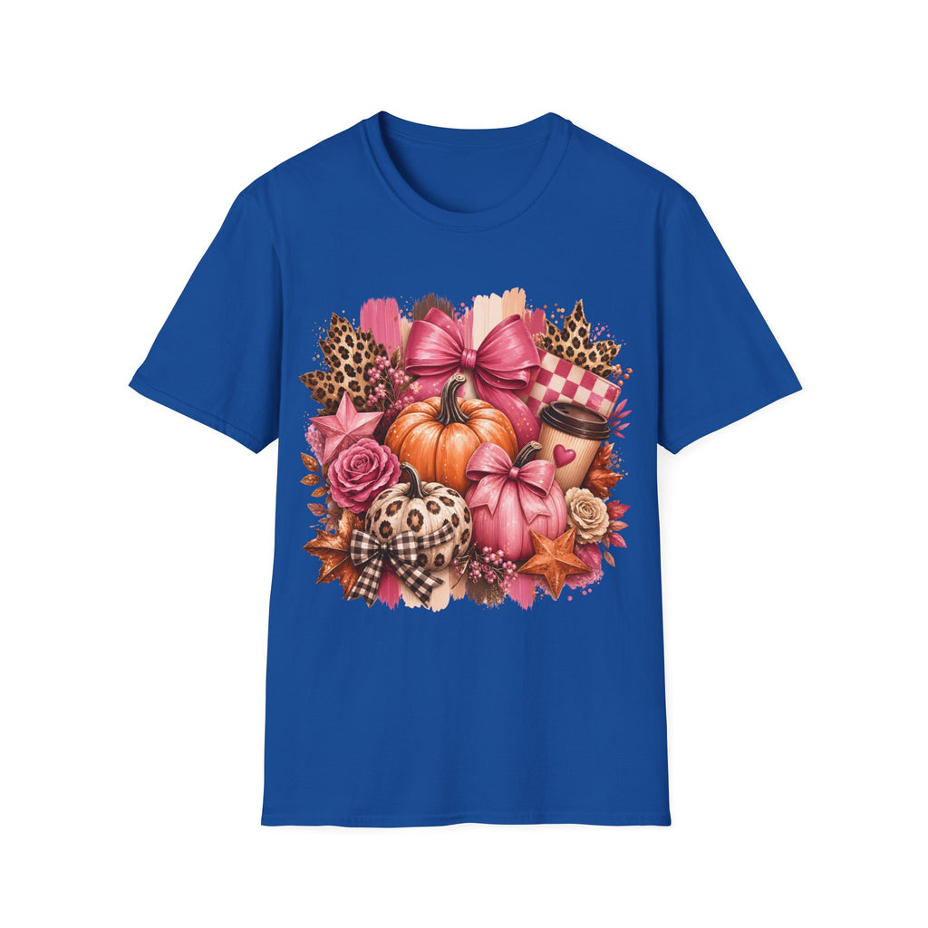 Pumpkin Bow Graphic T‑Shirt — Pink Fall Pumpkin & Leopard Coffee Tee
