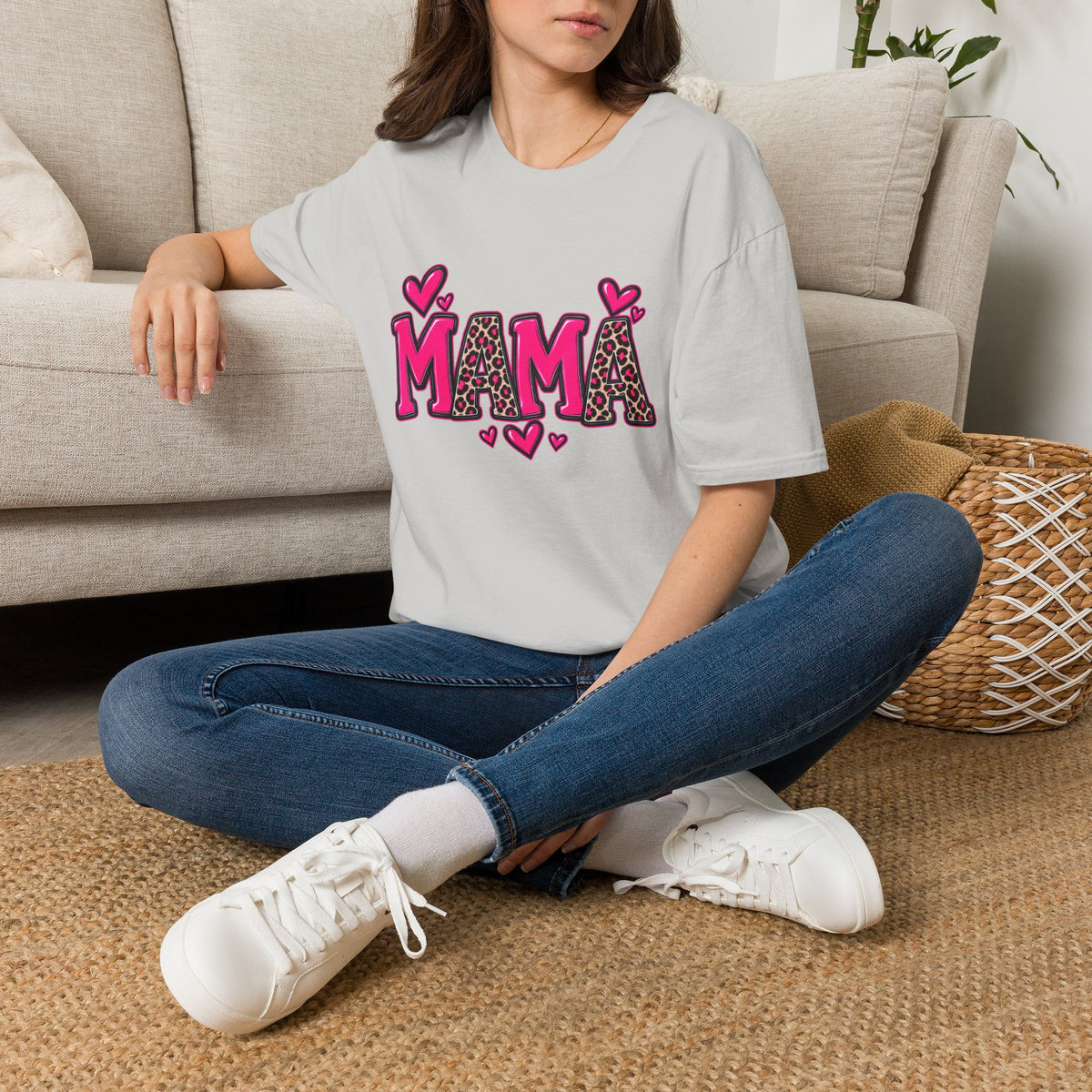 Mama Leopard Heart T‑Shirt — Cute Pink Mama Graphic Tee for Mothers’ Day