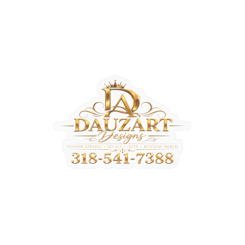 Logo Vinyl Decal — Gold "Dauzart Designs" Kiss-Cut Sticker with Phone Number