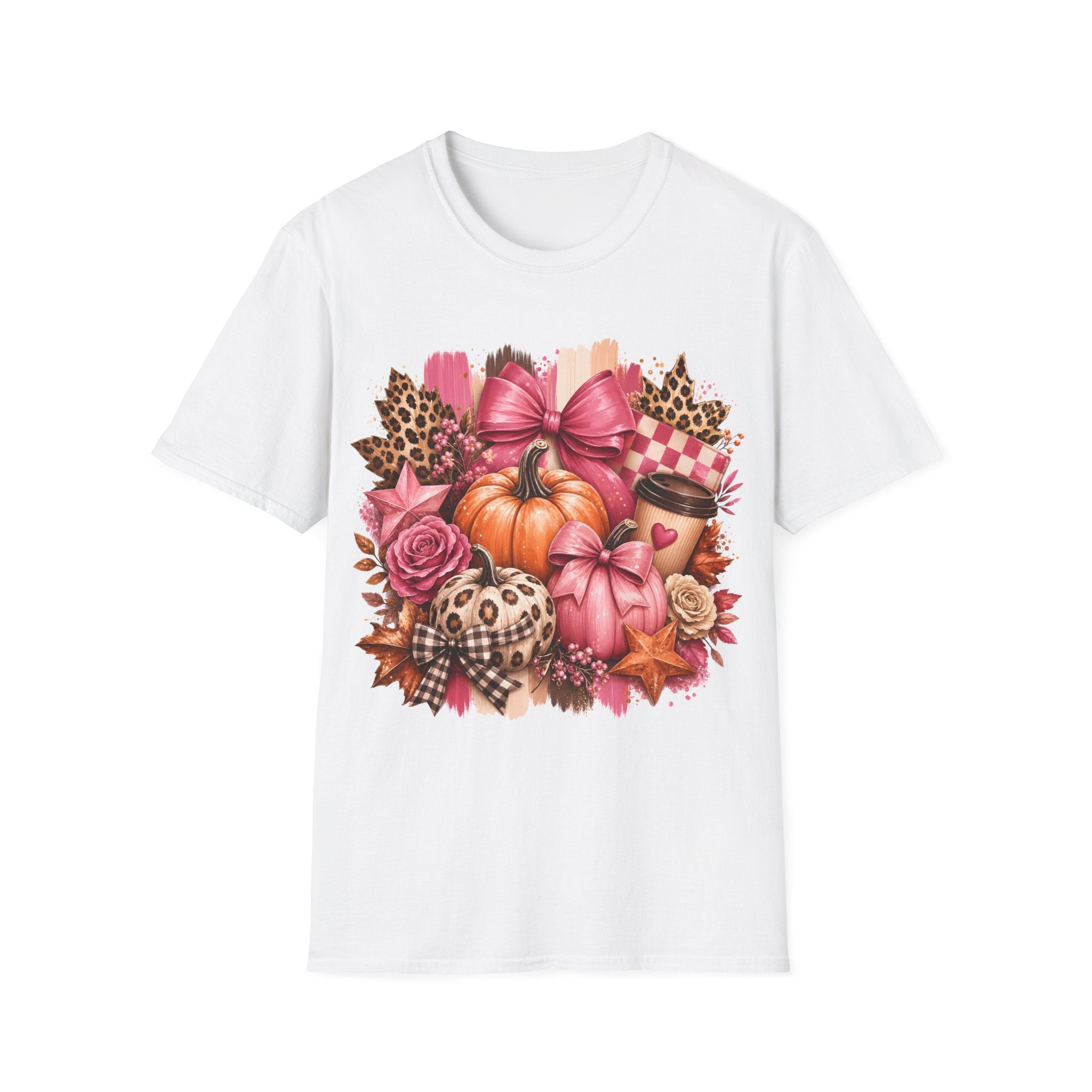 Pumpkin Bow Graphic T‑Shirt — Pink Fall Pumpkin & Leopard Coffee Tee