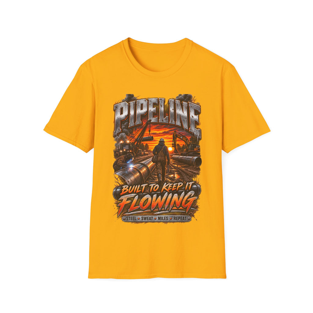 Pipeline Workers Sunset T-Shirt — "Built to Keep It Flowing" Oil & Gas Tee