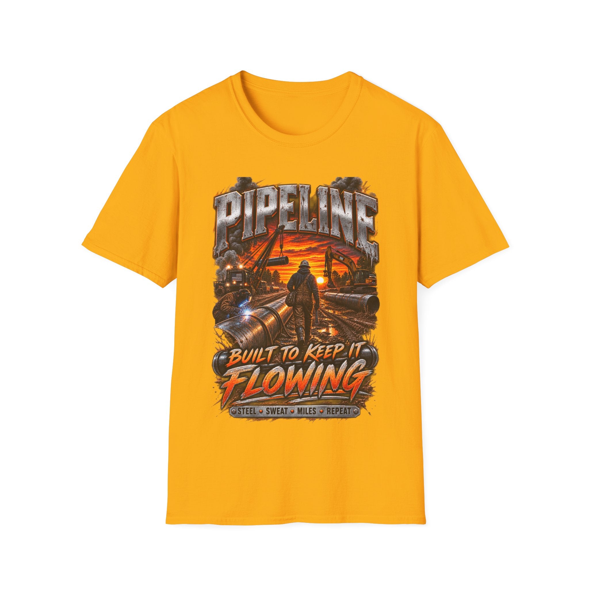 Pipeline Workers Sunset T-Shirt — "Built to Keep It Flowing" Oil & Gas Tee