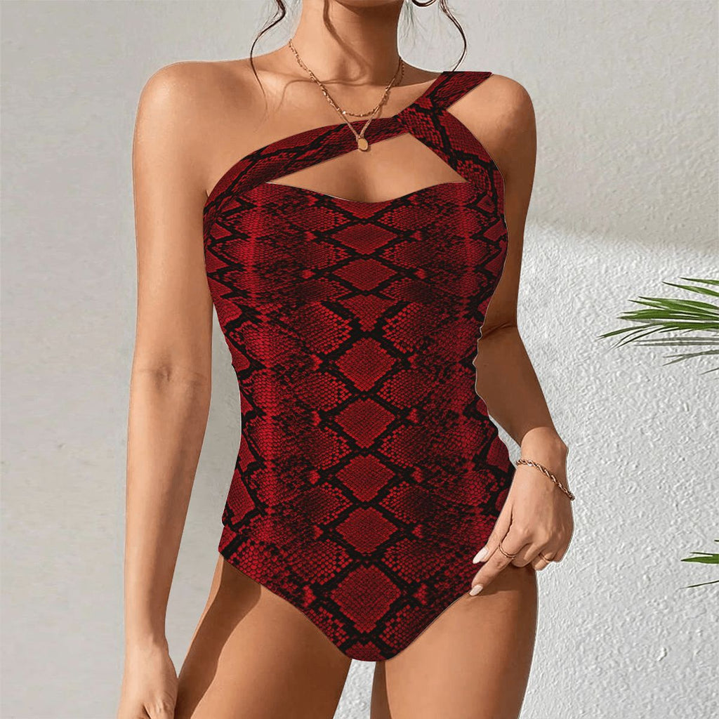 OneShoulder Two Piece Swimsuit Customized Services red snakeskin print