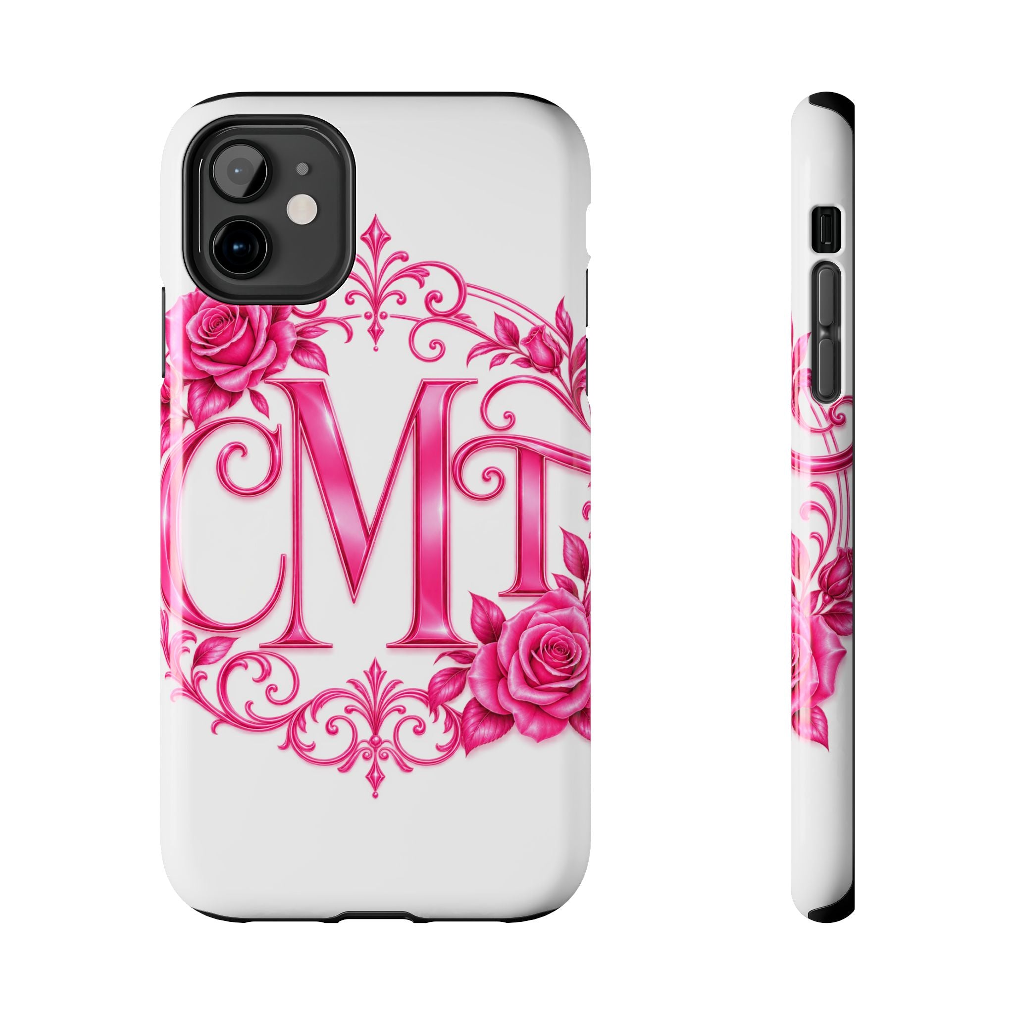 Monogram Pink Rose Tough Phone Case — Personalized Floral Initials iPhone Case