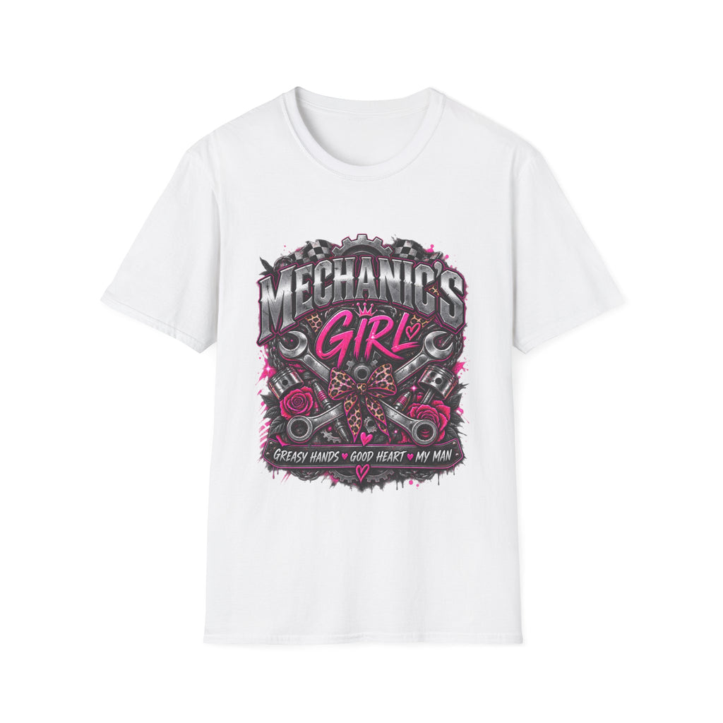 Mechanic's Girl T‑Shirt — Women's Automotive Crew Tee (Pink Gears & Wrenches)