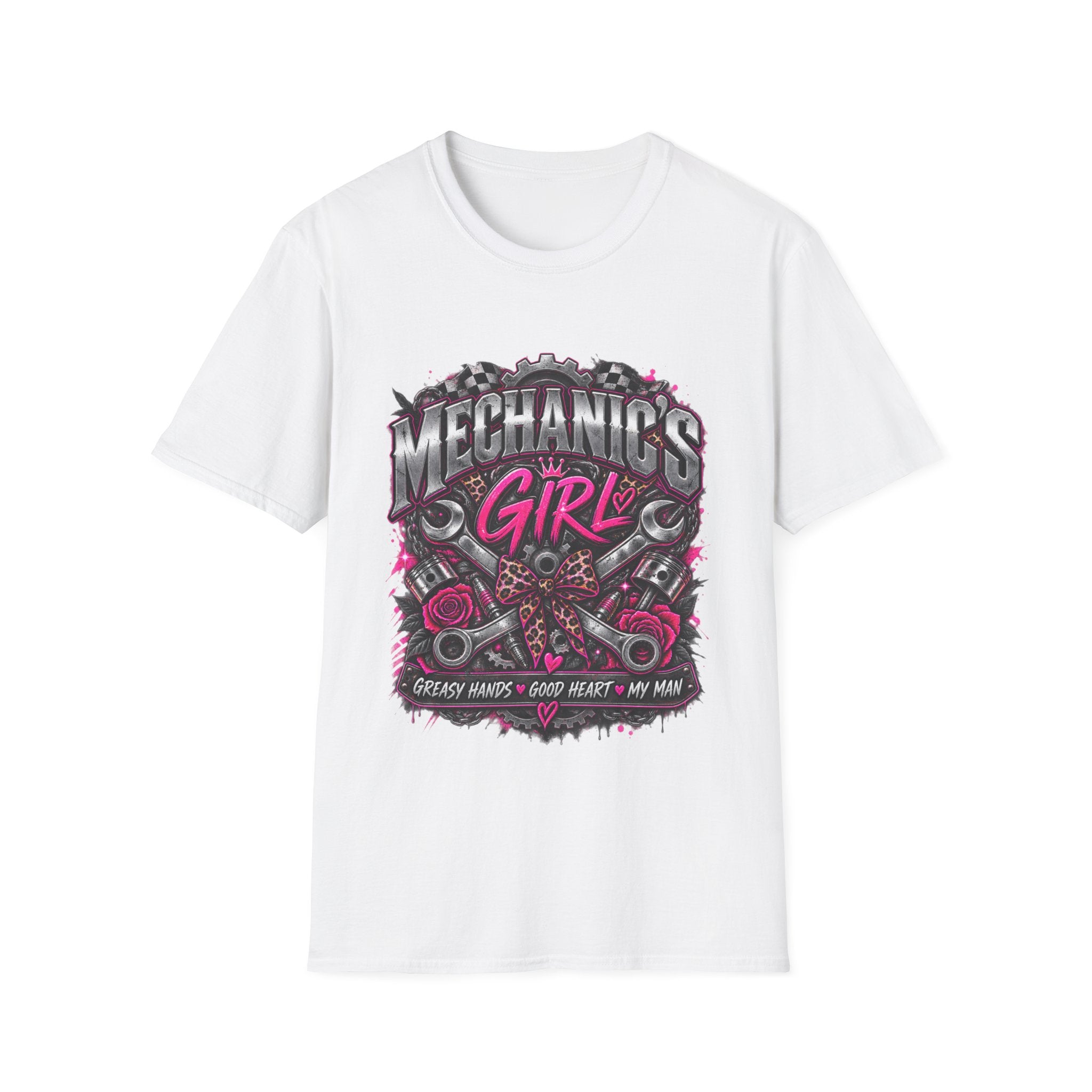 Mechanic's Girl T‑Shirt — Women's Automotive Crew Tee (Pink Gears & Wrenches)