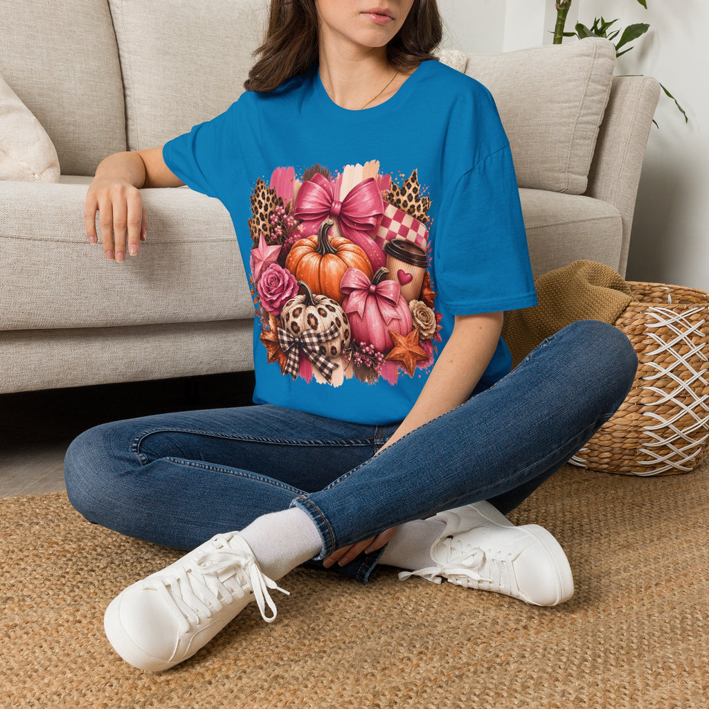 Pumpkin Bow Graphic T‑Shirt — Pink Fall Pumpkin & Leopard Coffee Tee
