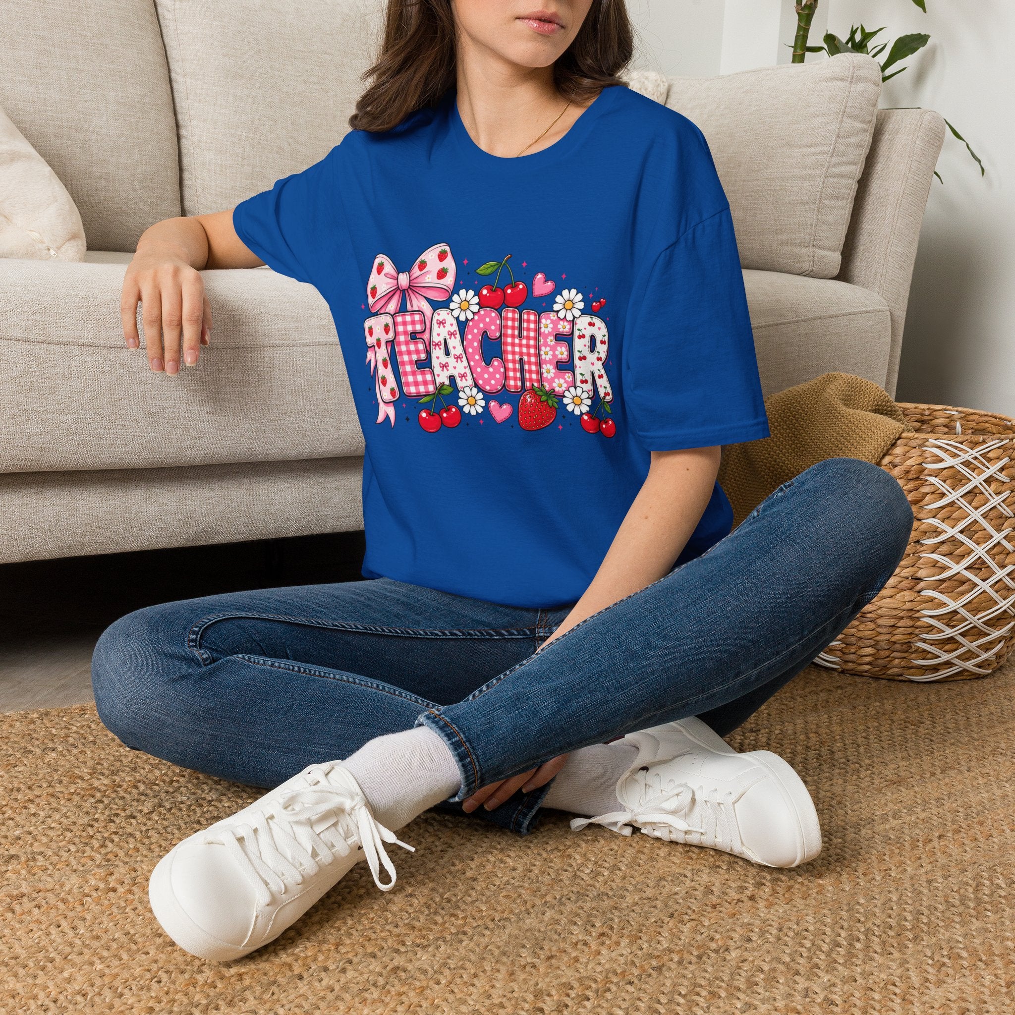Teacher Graphic Tee — Cute Strawberry & Cherry Floral Design