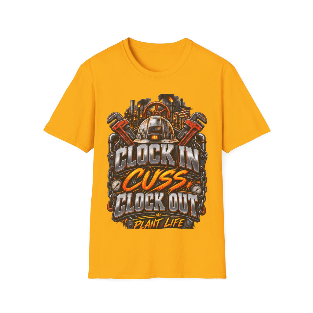 Clock In, Cuss Out Mechanic T‑Shirt — Vintage Industrial Worker Design