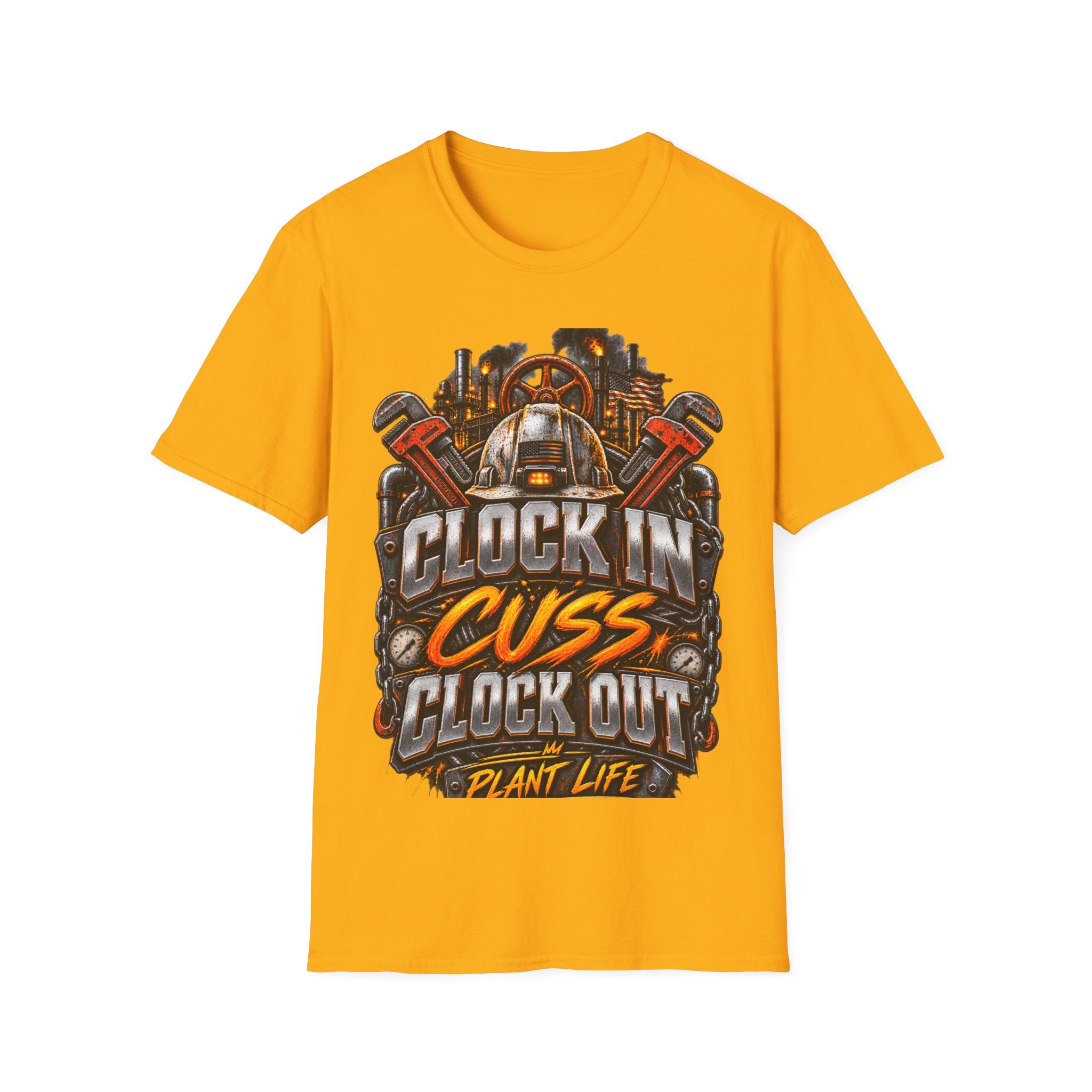 Clock In, Cuss Out Mechanic T‑Shirt — Vintage Industrial Worker Design