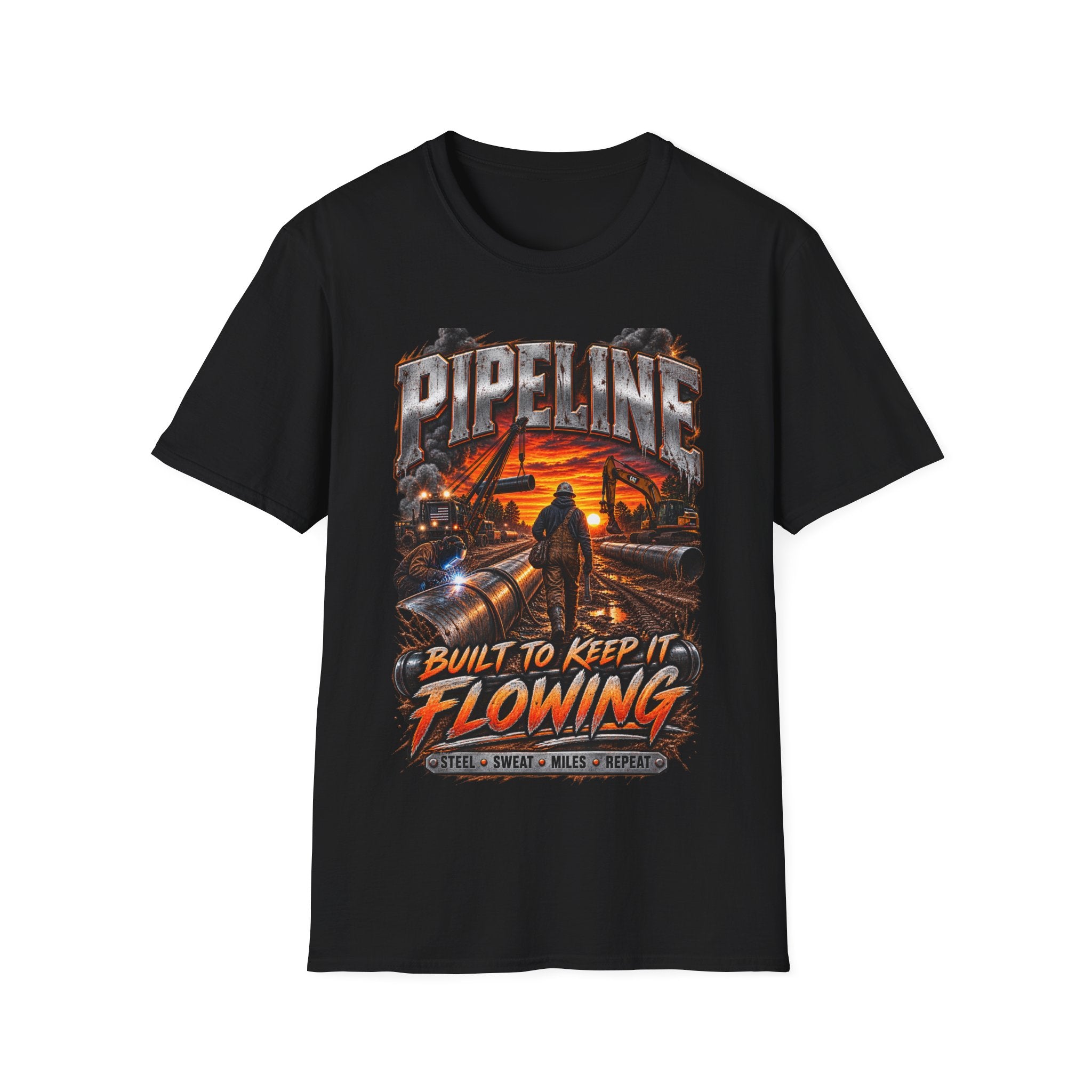 Pipeline Workers Sunset T-Shirt — "Built to Keep It Flowing" Oil & Gas Tee